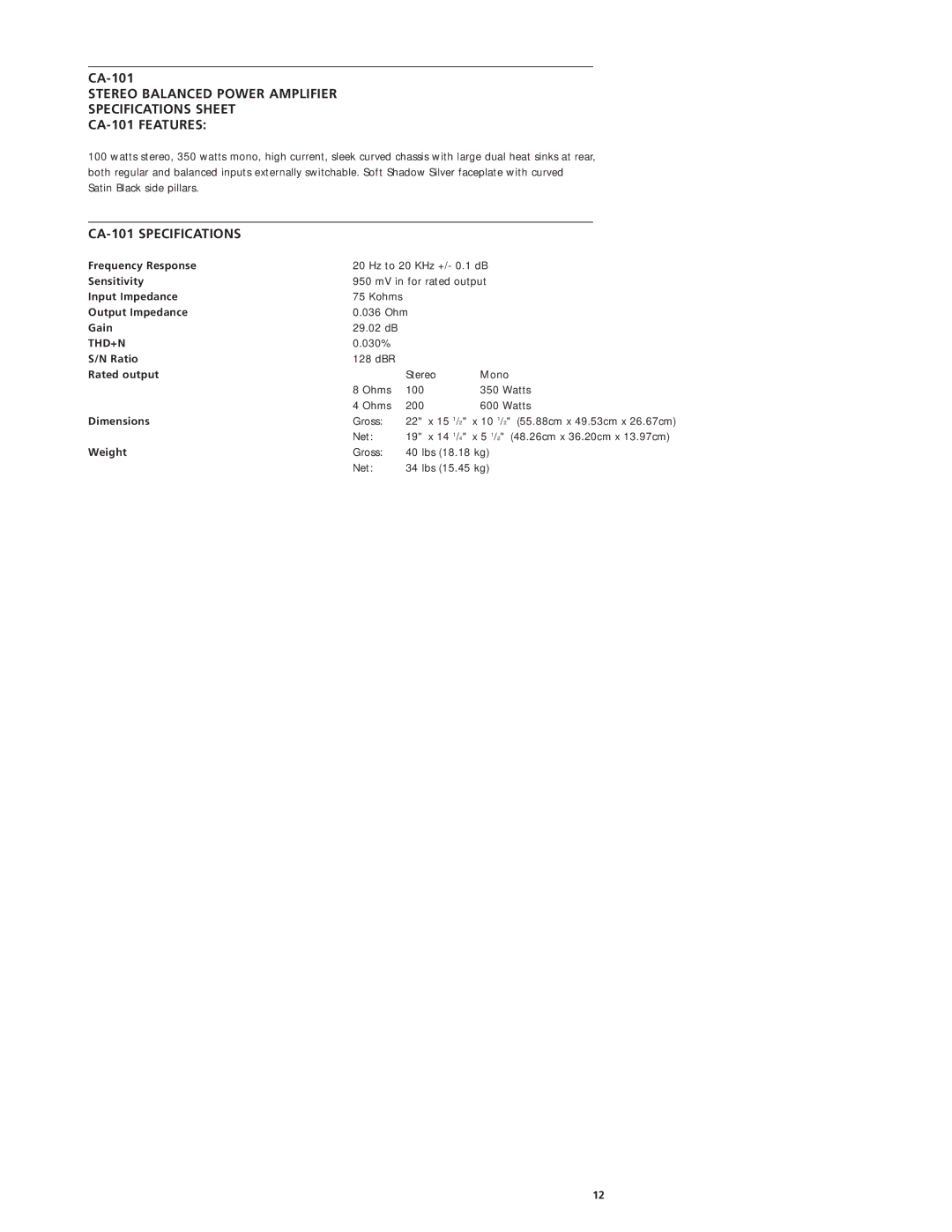 Classe Audio owner manual CA-101 Specifications, Thd+N 