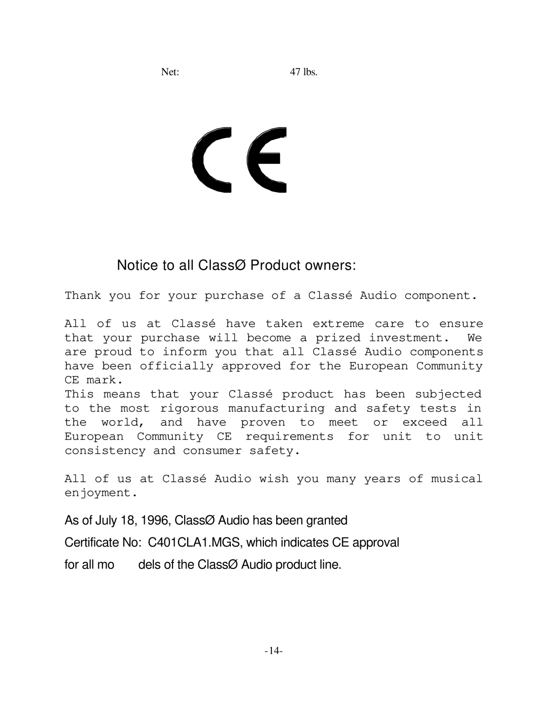 Classe Audio CA-150 owner manual Net 47 lbs 