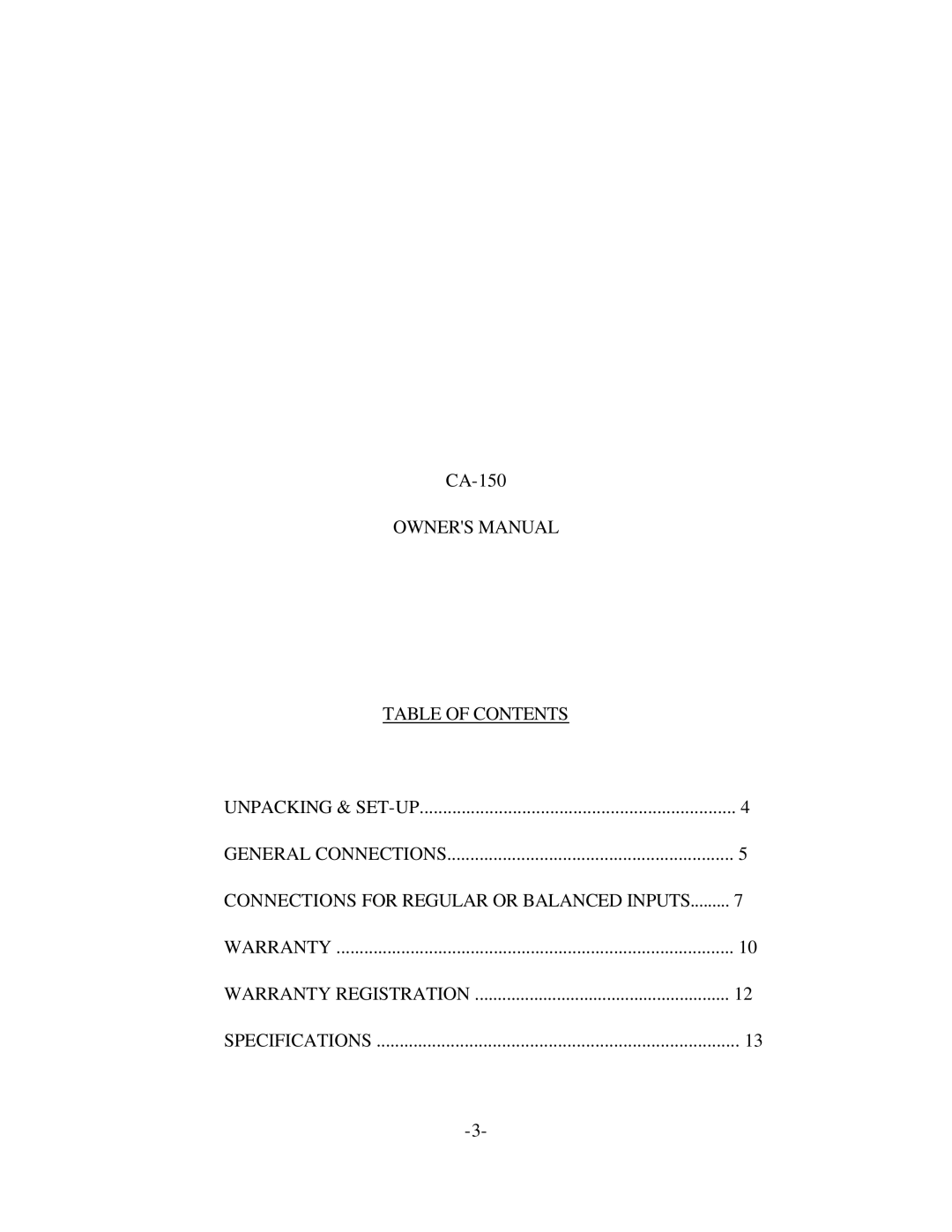 Classe Audio CA-150 owner manual Table of Contents 