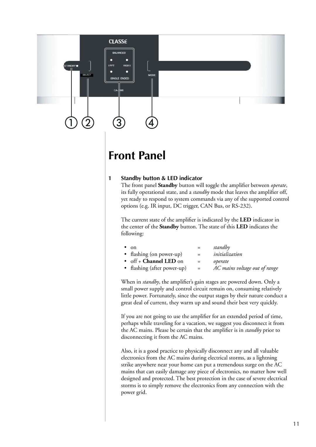 Classe Audio CA-2100 owner manual Front Panel, Standby button & LED indicator, Off + Channel LED on 