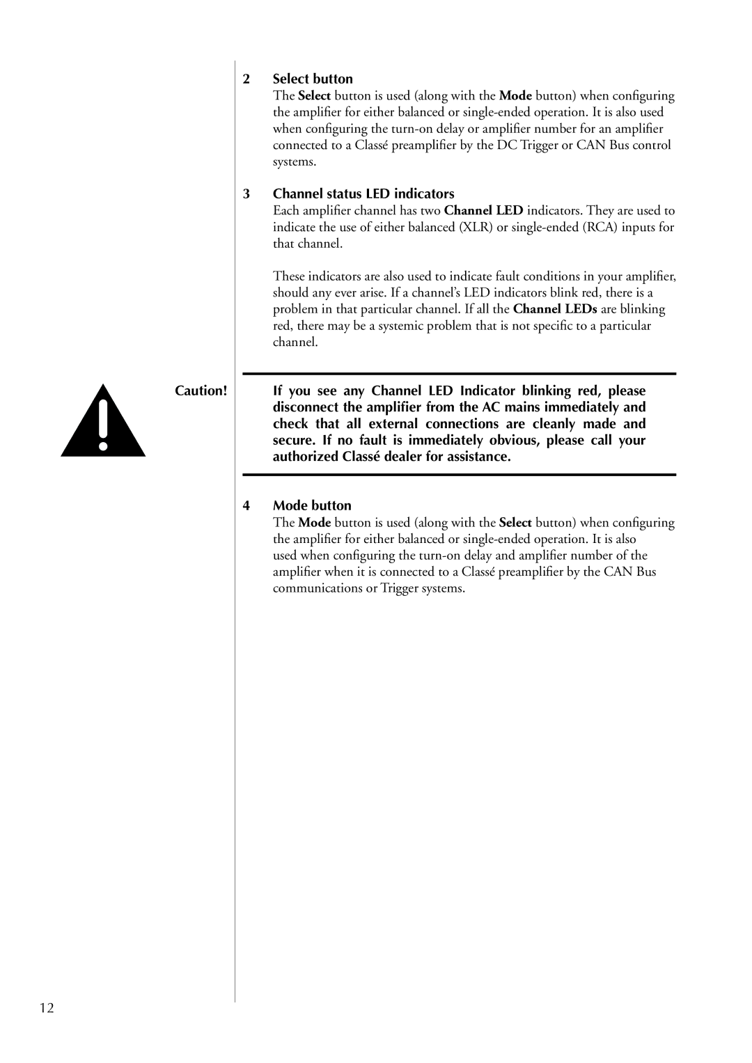 Classe Audio CA-2100 owner manual Select button, Channel status LED indicators, Mode button 