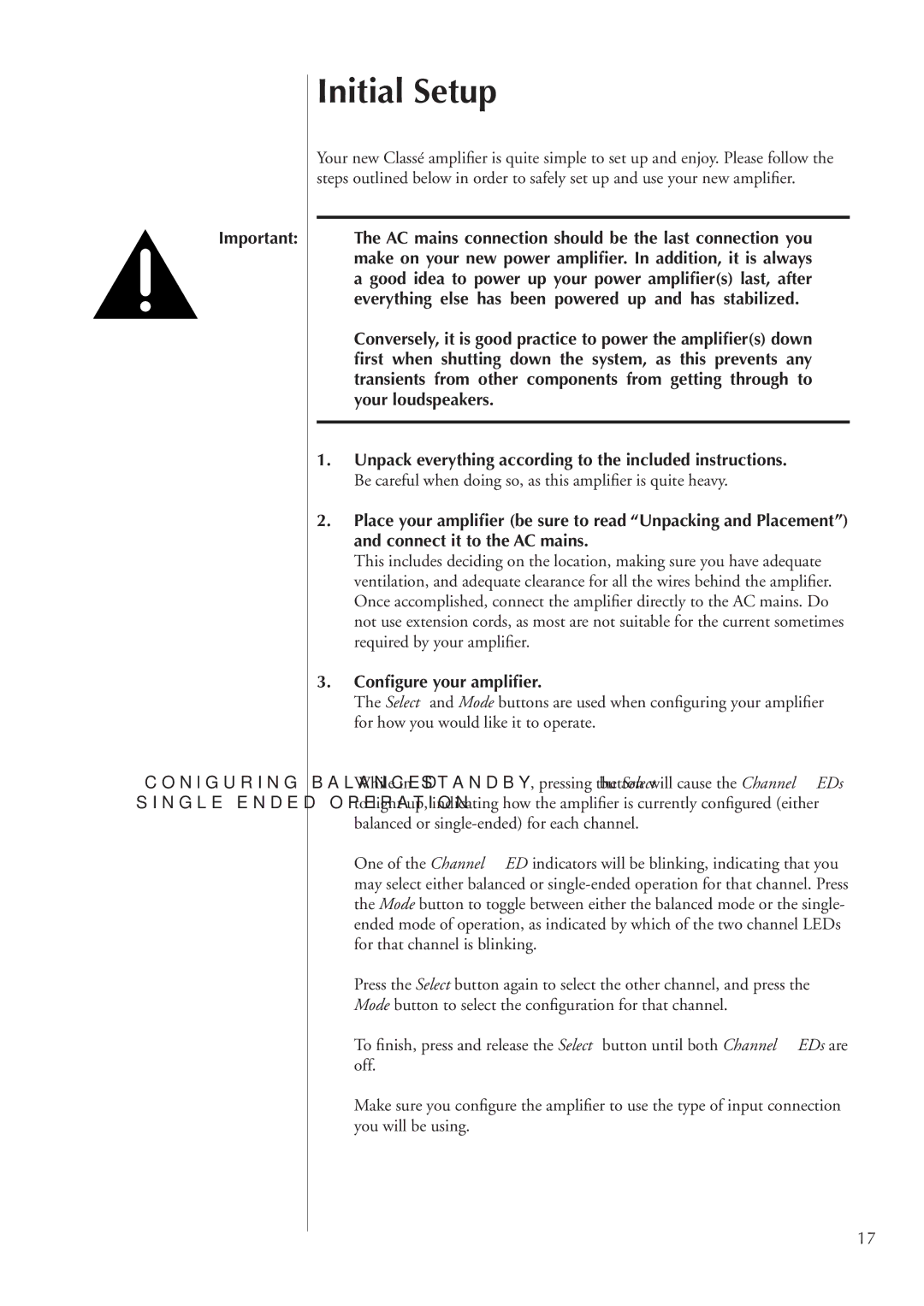 Classe Audio CA-2100 owner manual Initial Setup, Conﬁgure your ampliﬁer 