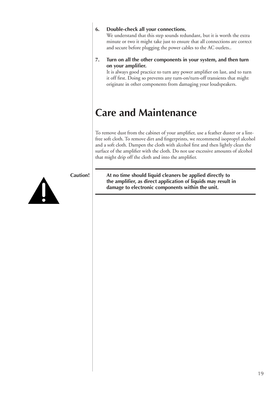 Classe Audio CA-2100 owner manual Care and Maintenance, Double-check all your connections 