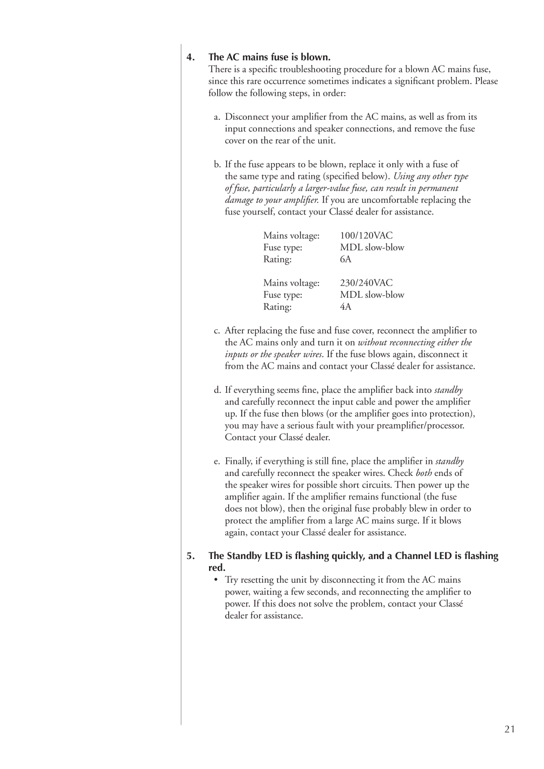 Classe Audio CA-2100 owner manual AC mains fuse is blown 