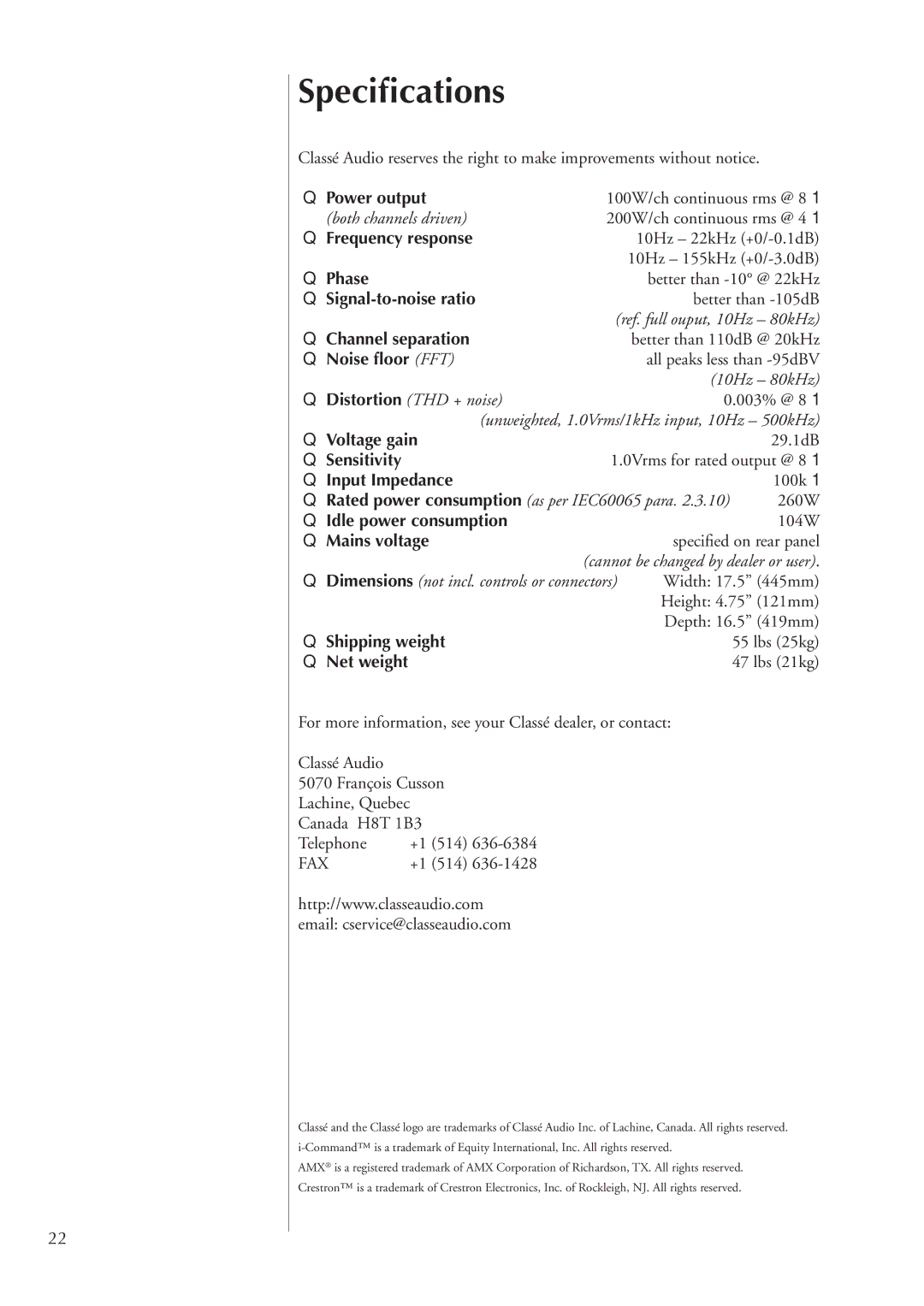 Classe Audio CA-2100 owner manual Speciﬁcations 