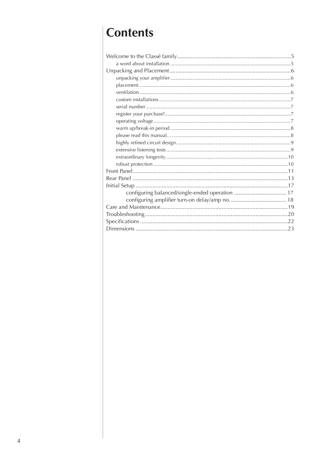 Classe Audio CA-2100 owner manual Contents 