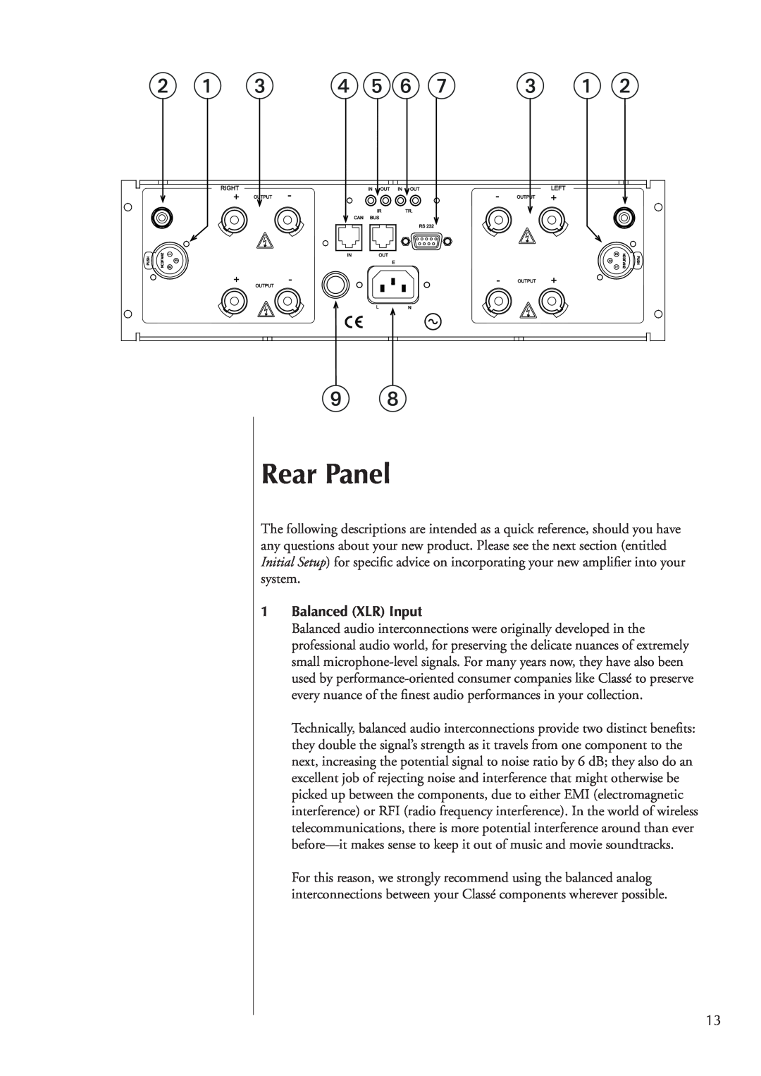 Classe Audio CA-2100 owner manual Rear Panel, 1Balanced XLR Input 