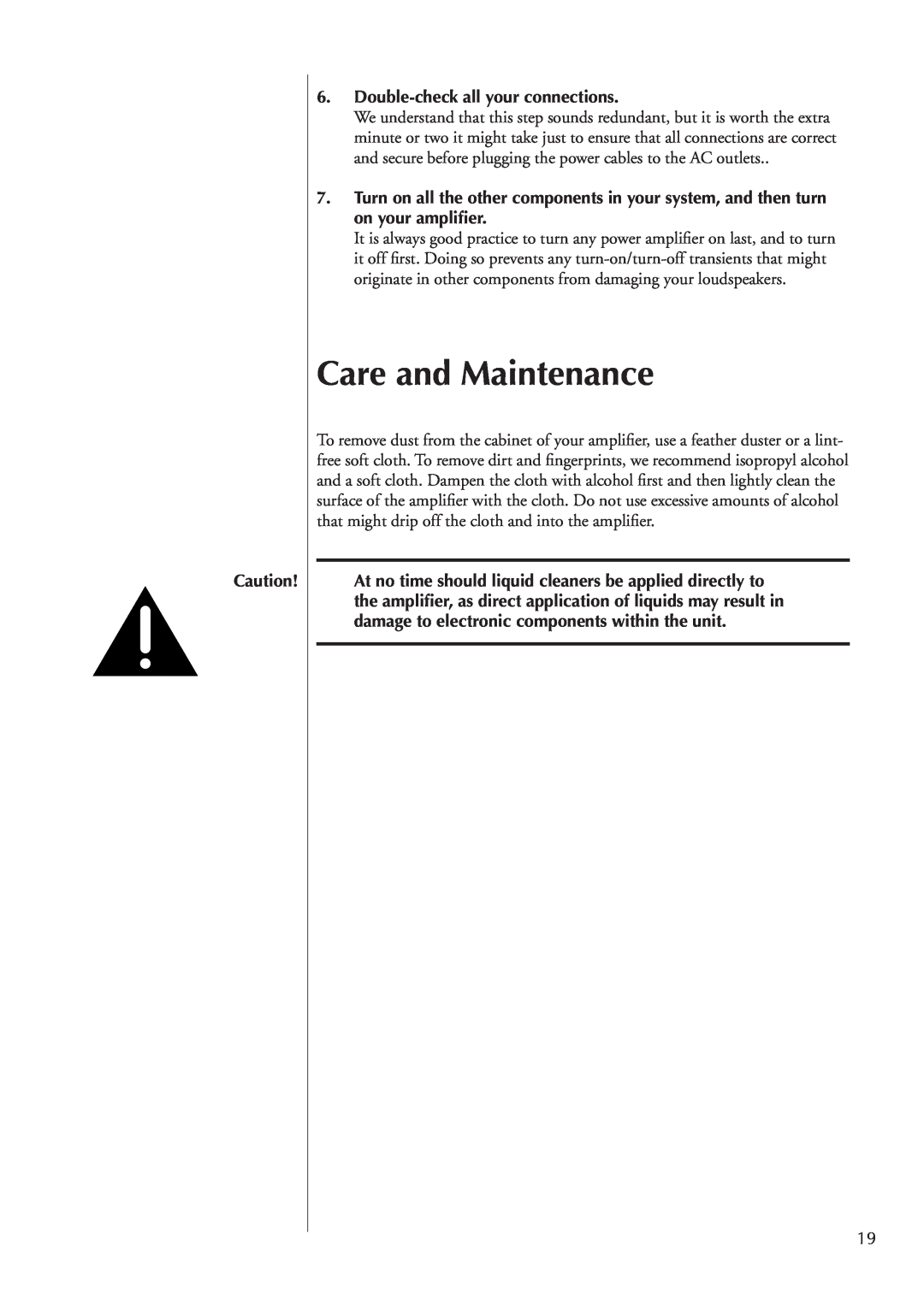 Classe Audio CA-2100 owner manual Care and Maintenance, Double-checkall your connections 