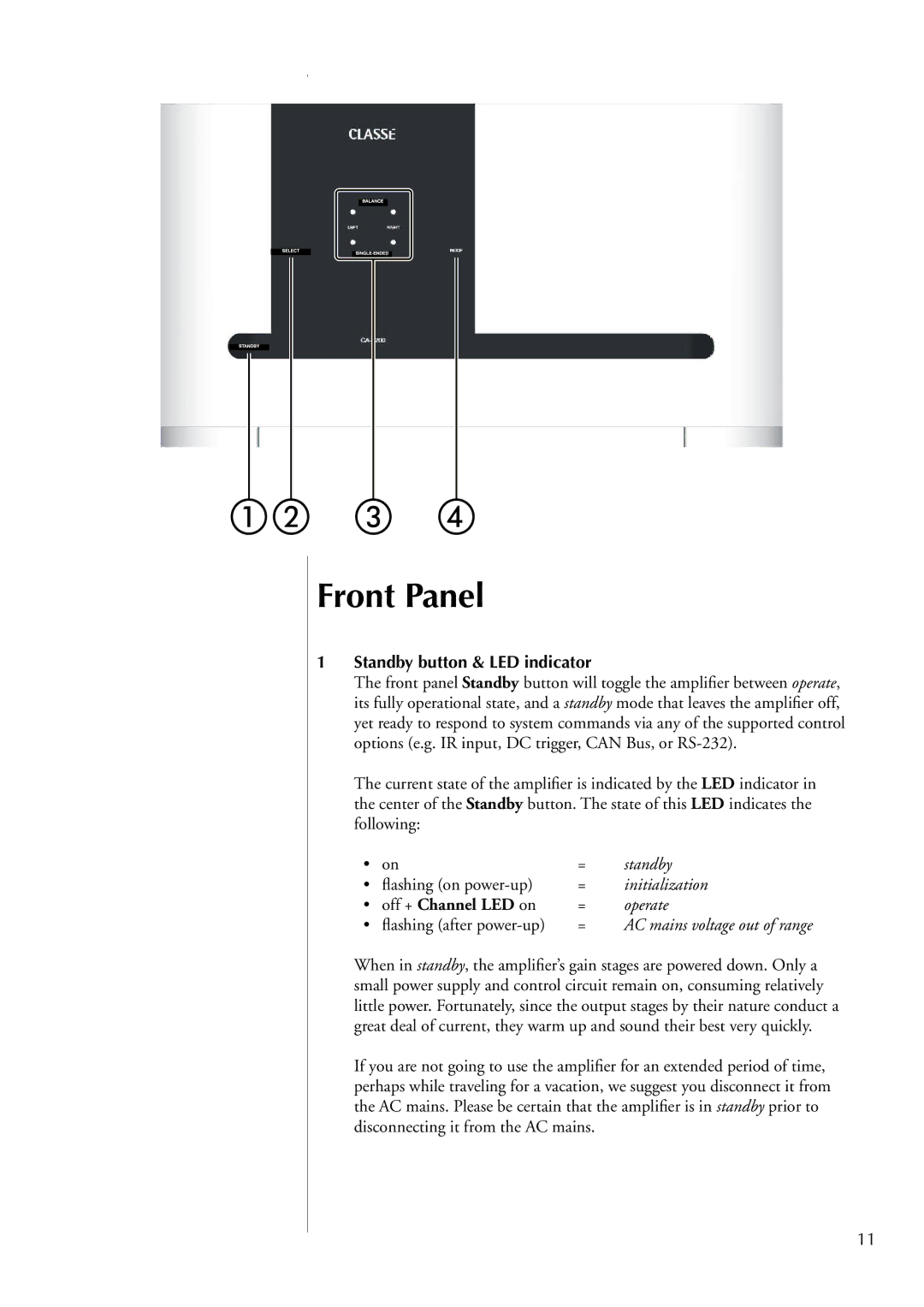 Classe Audio CA-2200 owner manual Front Panel, Standby button & LED indicator, Off + Channel LED on 