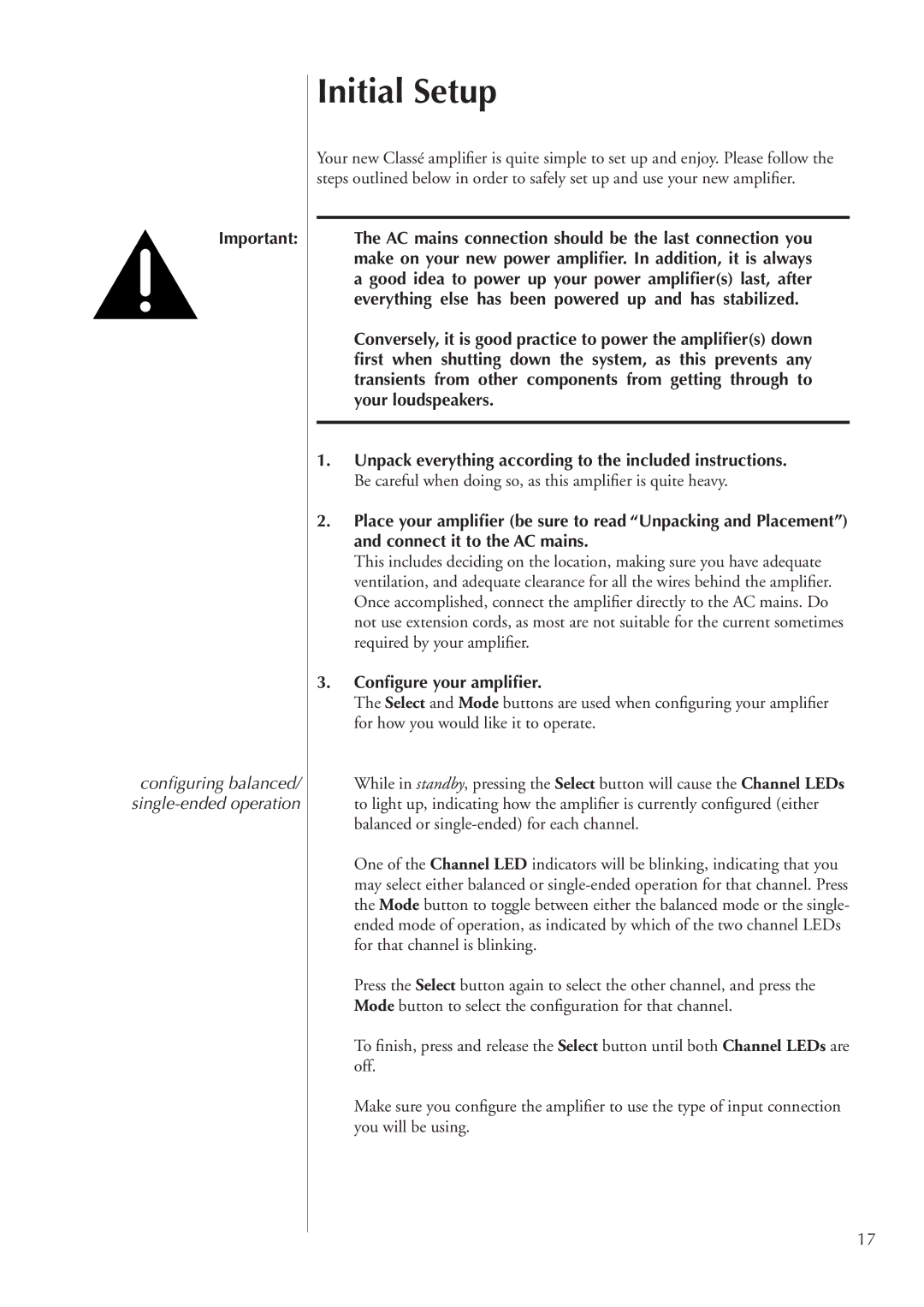 Classe Audio CA-2200 owner manual Initial Setup, Conﬁgure your ampliﬁer 