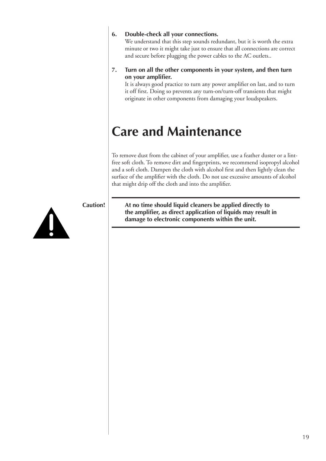 Classe Audio CA-2200 owner manual Care and Maintenance, Double-check all your connections 