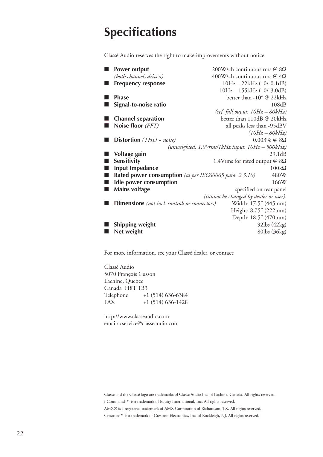 Classe Audio CA-2200 owner manual Speciﬁcations 