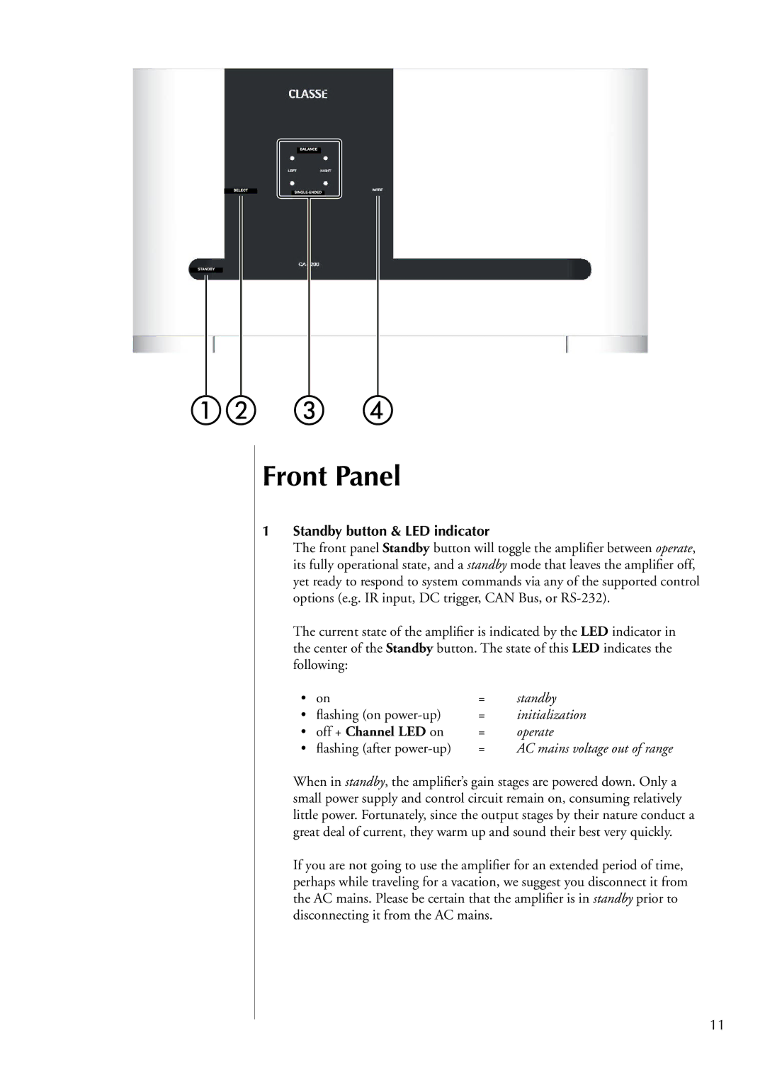 Classe Audio CA-2200 owner manual Front Panel, Standby button & LED indicator, Off + Channel LED on 