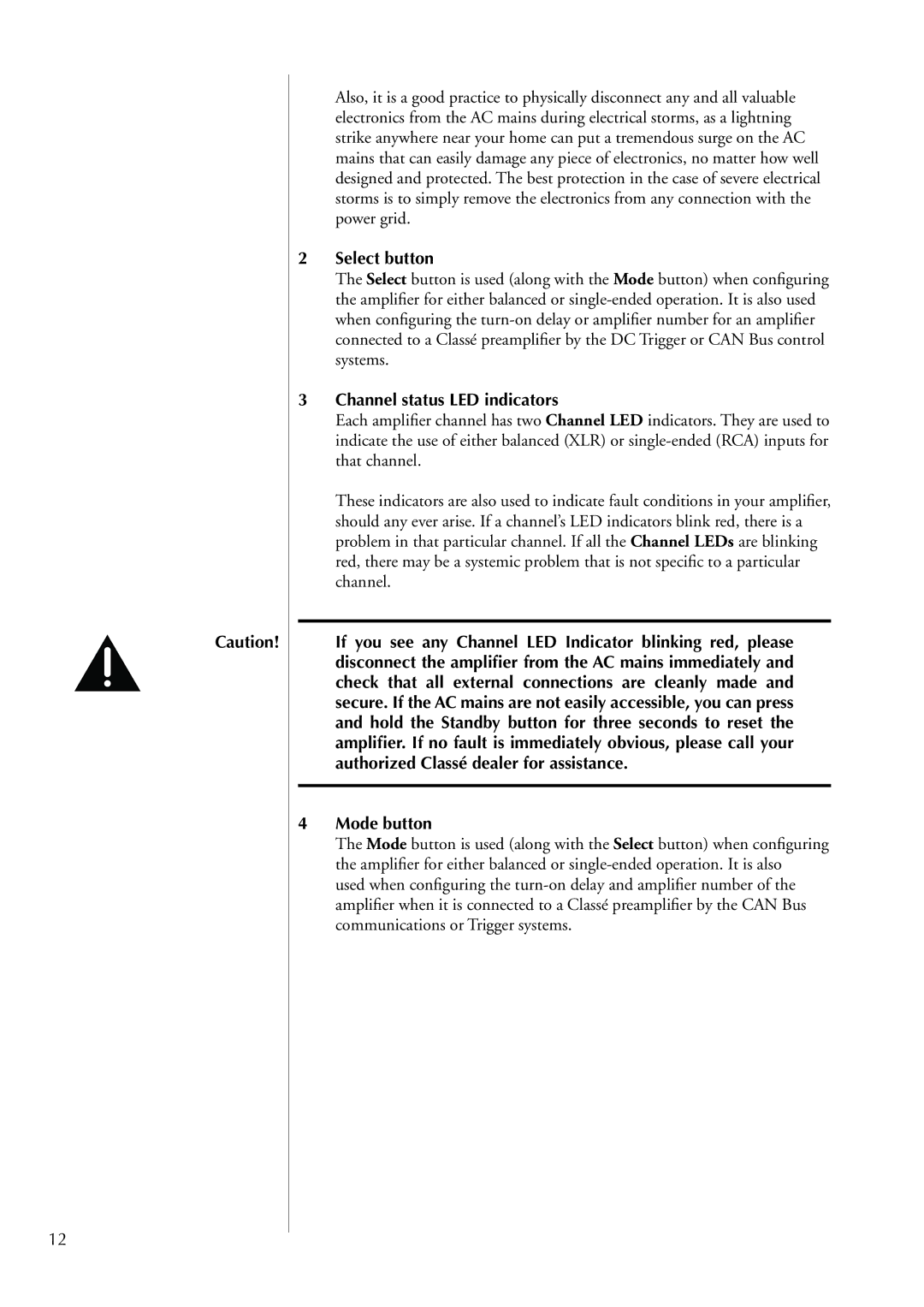 Classe Audio CA-2200 owner manual Select button, Channel status LED indicators, Mode button 