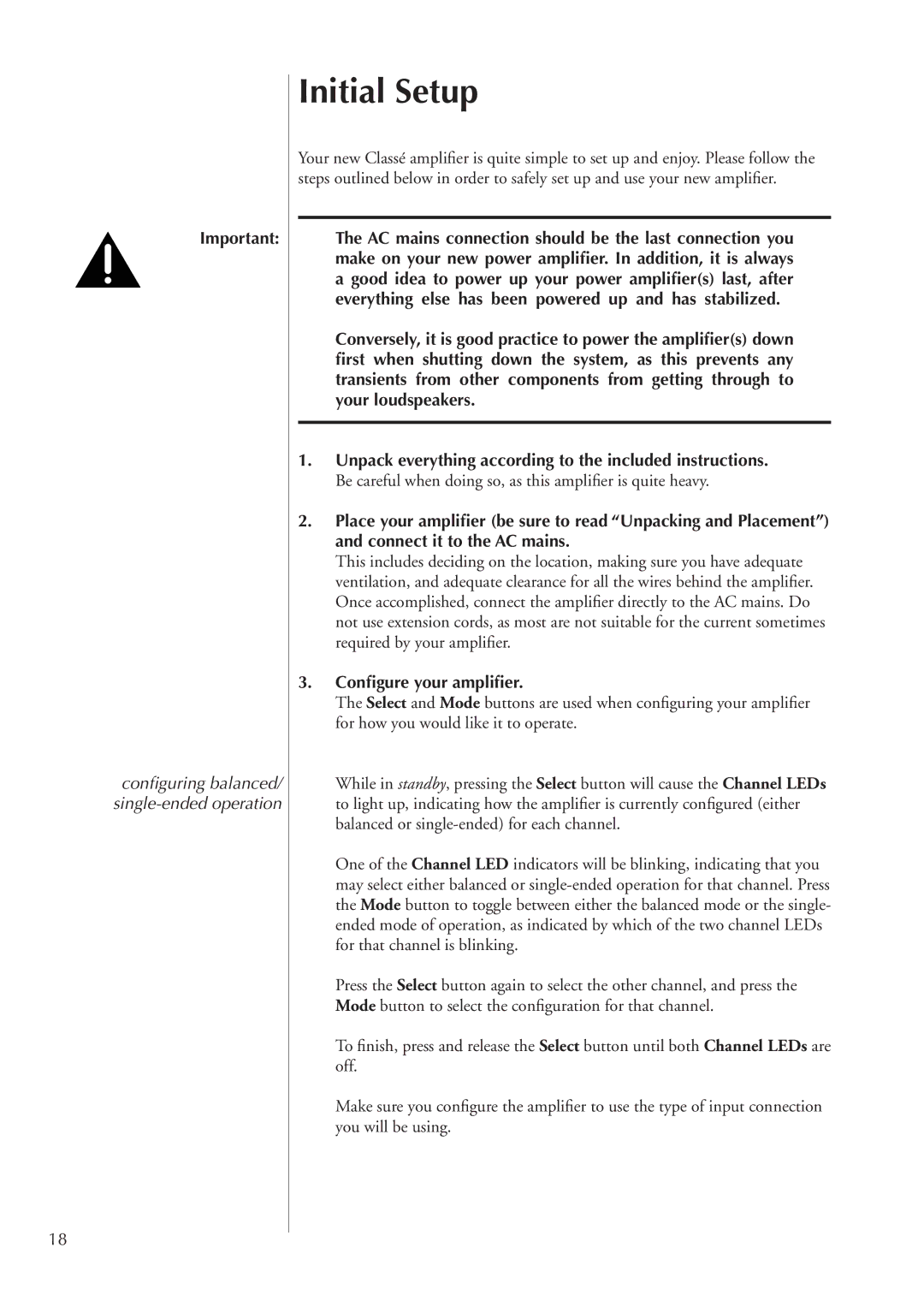 Classe Audio CA-2200 owner manual Initial Setup, Conﬁgure your ampliﬁer 