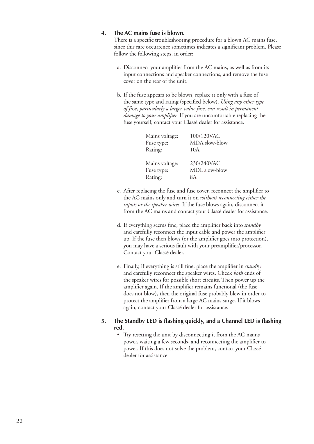 Classe Audio CA-2200 owner manual AC mains fuse is blown 