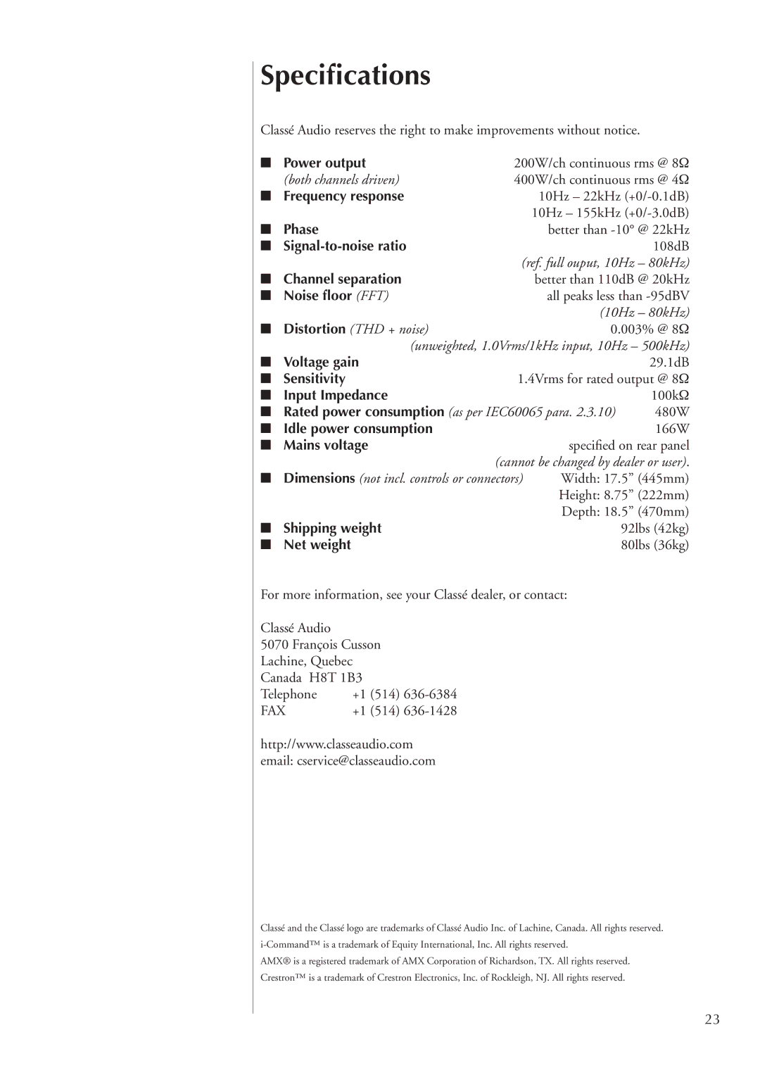 Classe Audio CA-2200 owner manual Speciﬁcations 