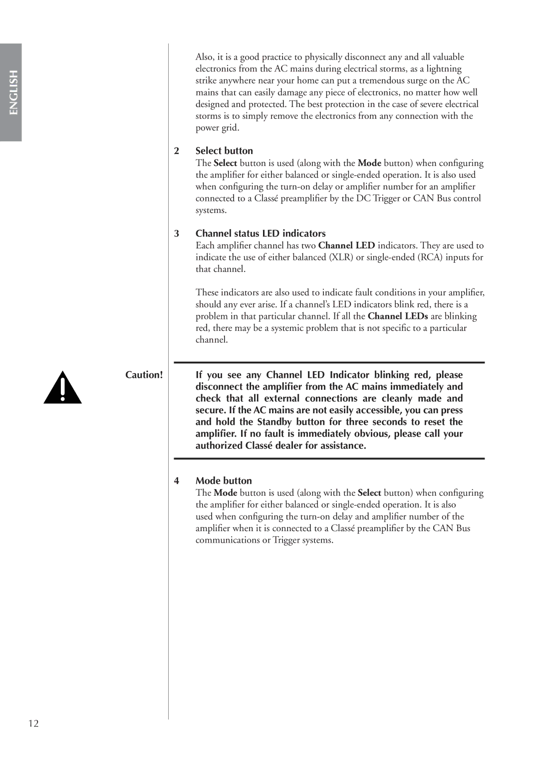 Classe Audio CA-3200 owner manual Select button, Channel status LED indicators, Mode button 