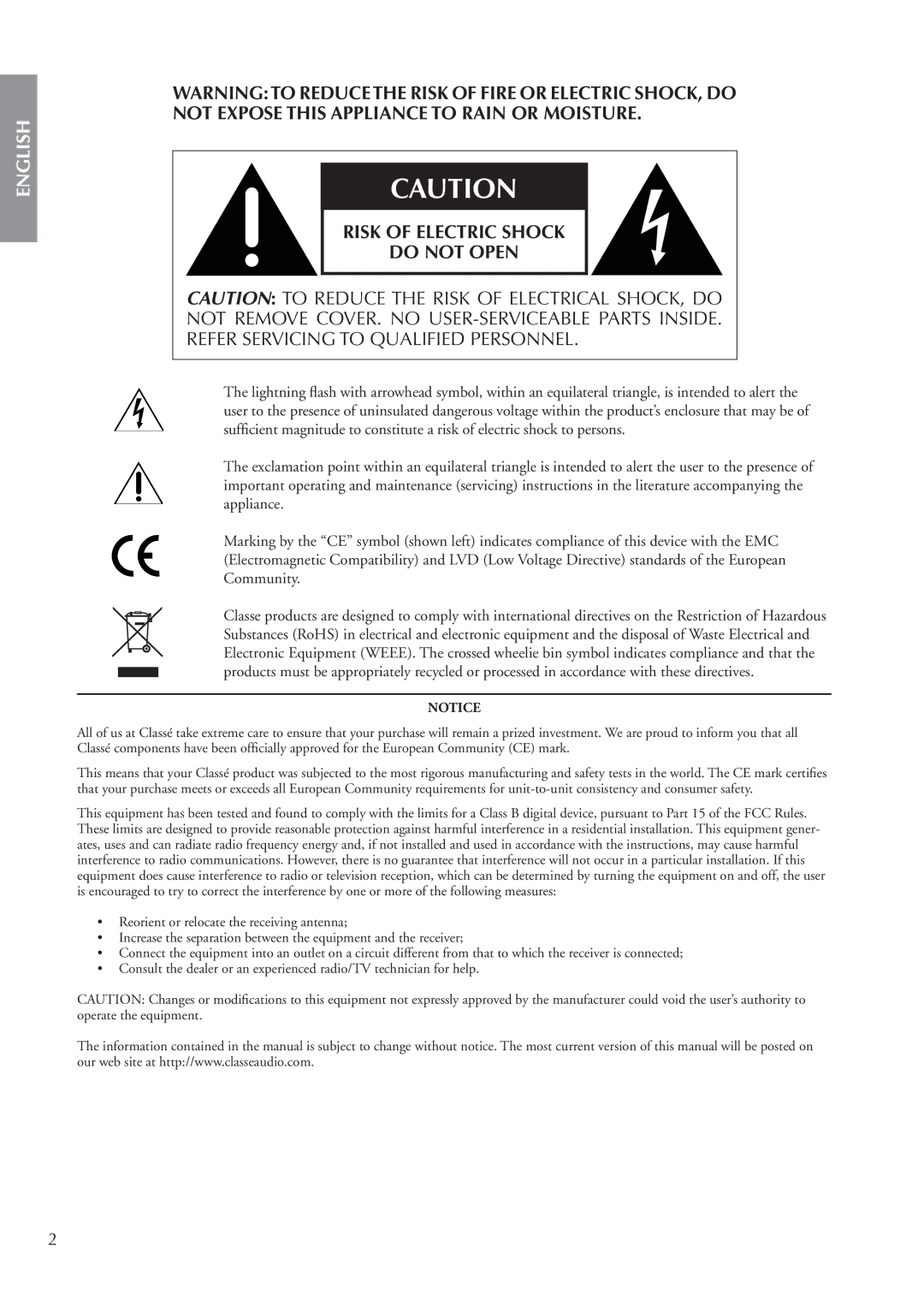 Classe Audio CA-3200 owner manual Risk of Electric Shock Do not Open 