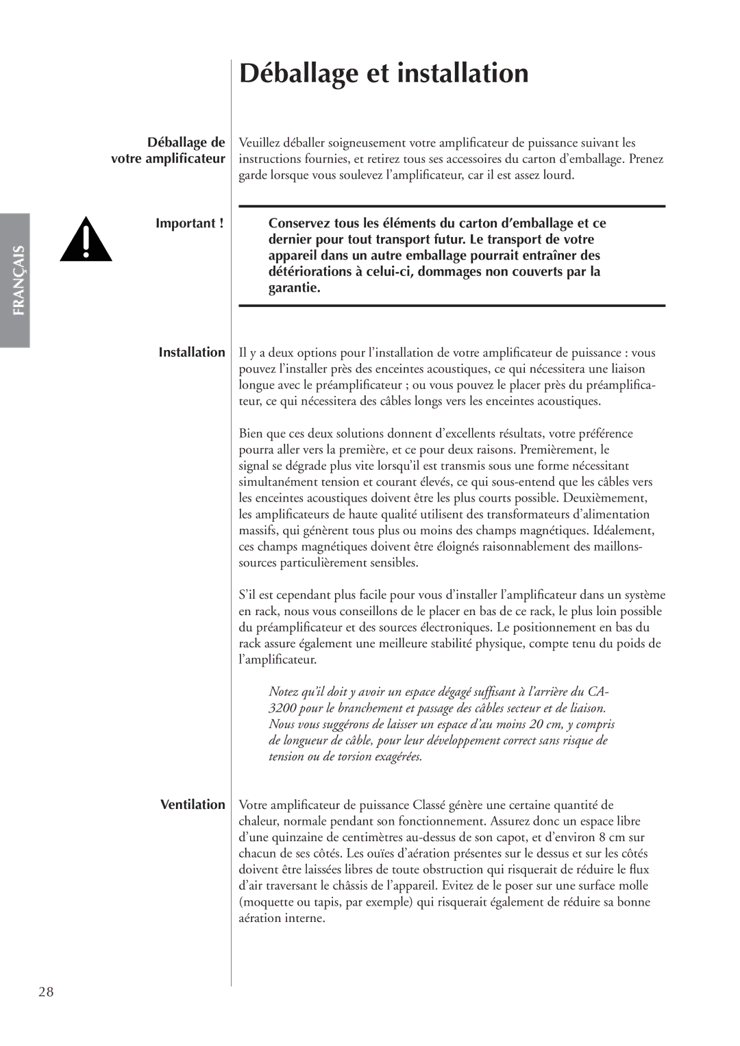 Classe Audio CA-3200 owner manual Déballage et installation, Installation Ventilation 