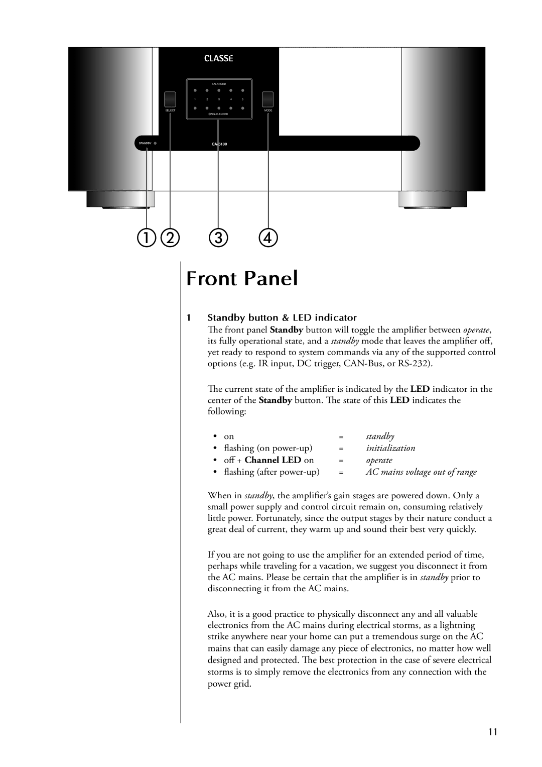 Classe Audio CA-5100 owner manual Front Panel, Standby button & LED indicator 