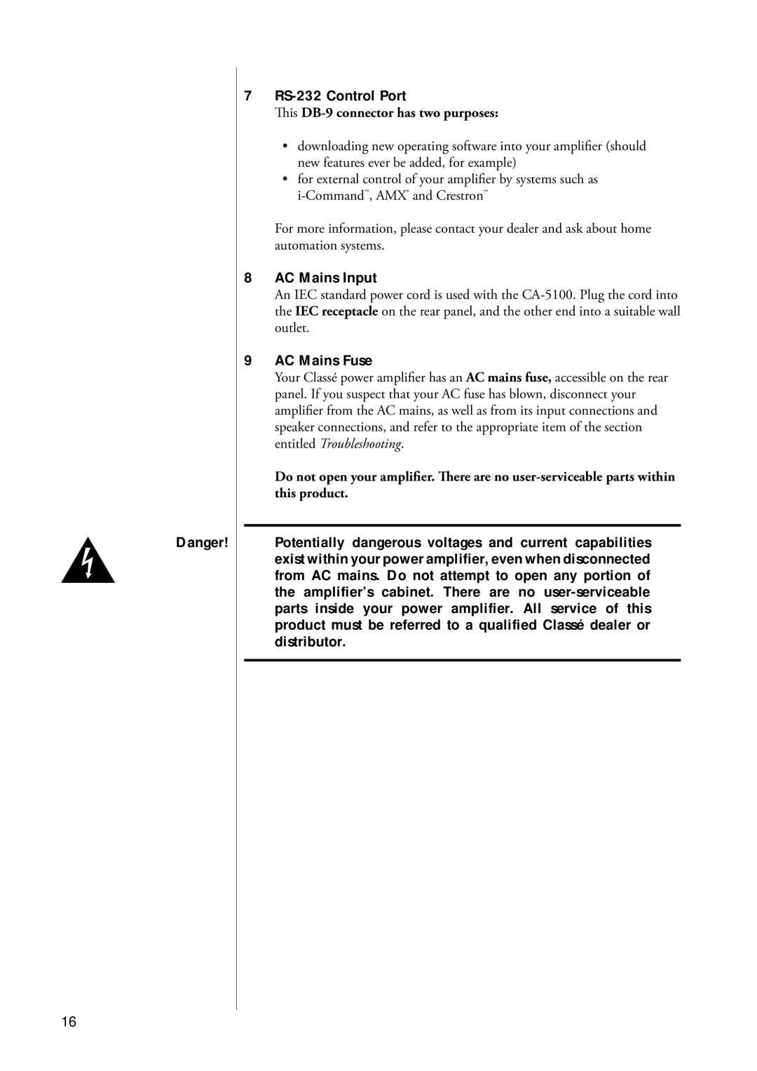 Classe Audio CA-5100 owner manual RS-232 Control Port, AC Mains Input, AC Mains Fuse 