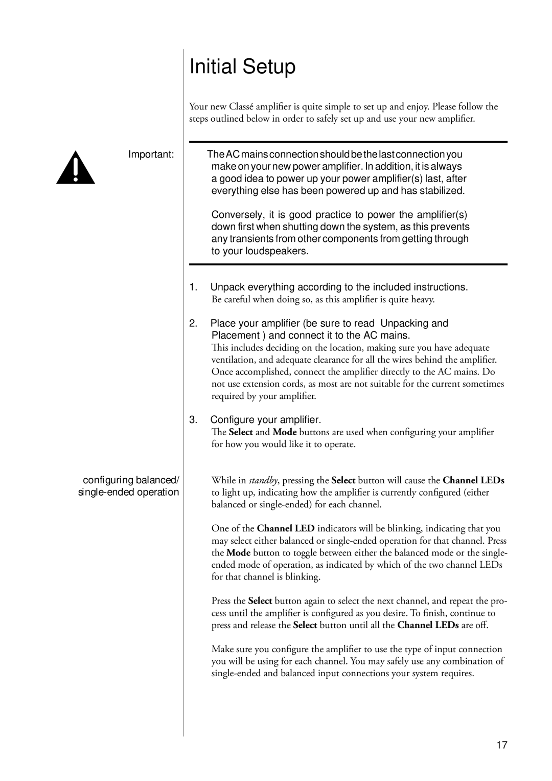 Classe Audio CA-5100 owner manual Initial Setup, Configuring balanced/ single-ended operation, Configure your amplifier 