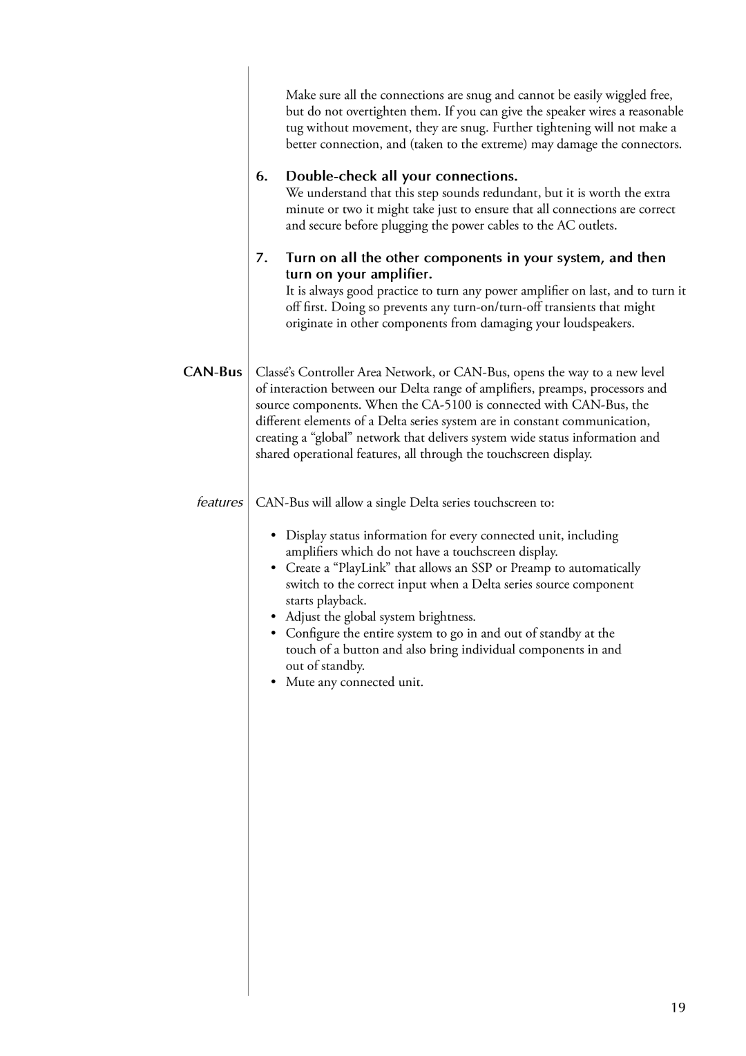 Classe Audio CA-5100 owner manual CAN-Bus, Features, Double-check all your connections 