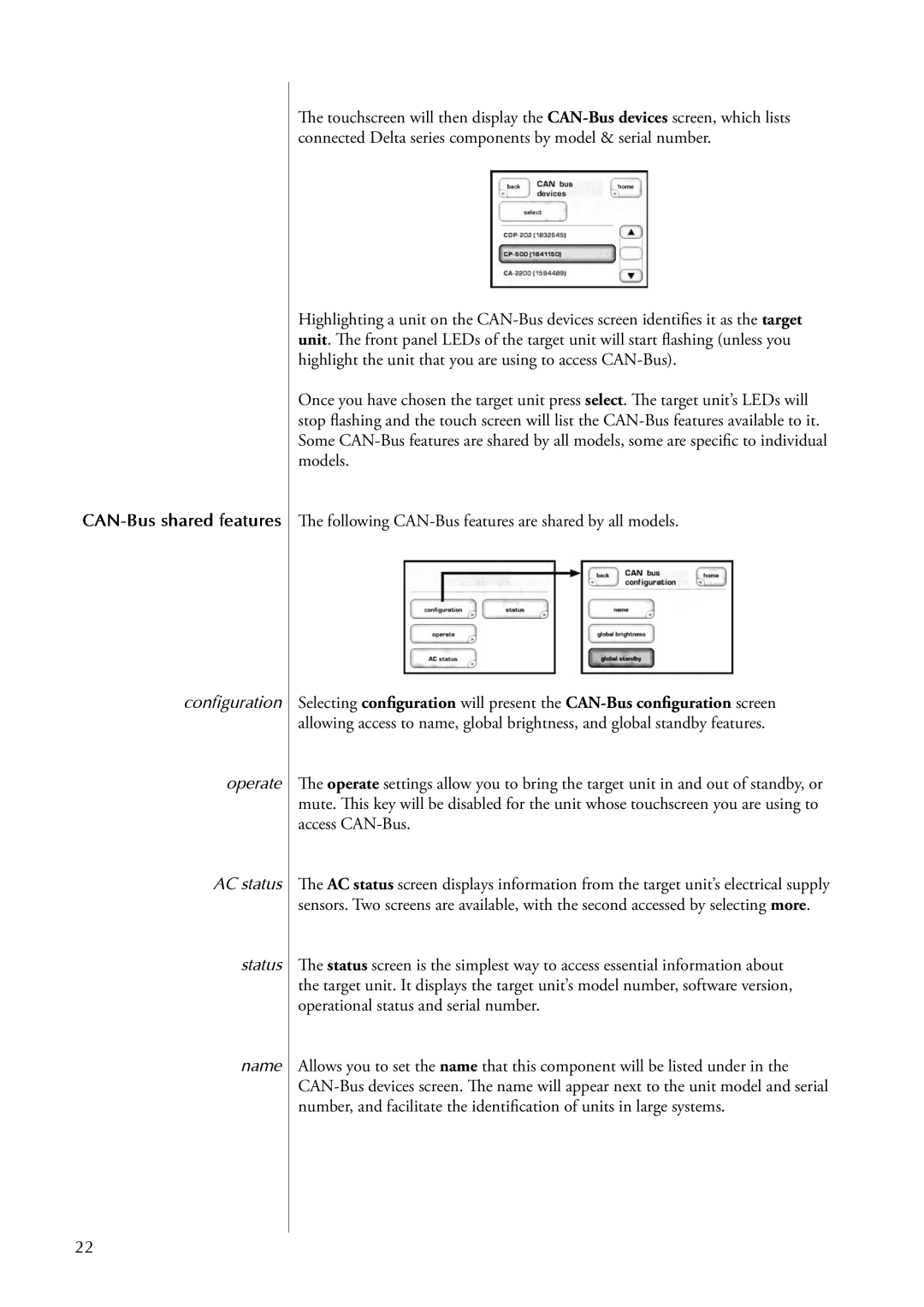 Classe Audio CA-5100 owner manual CAN-Bus shared features, Configuration Operate AC status Status Name 