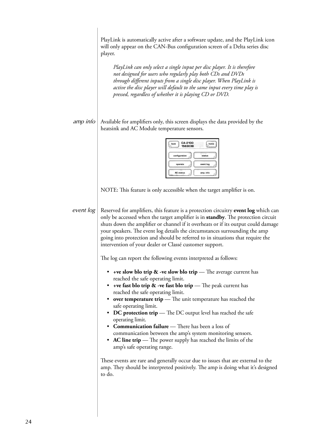 Classe Audio CA-5100 owner manual Amp info Event log 