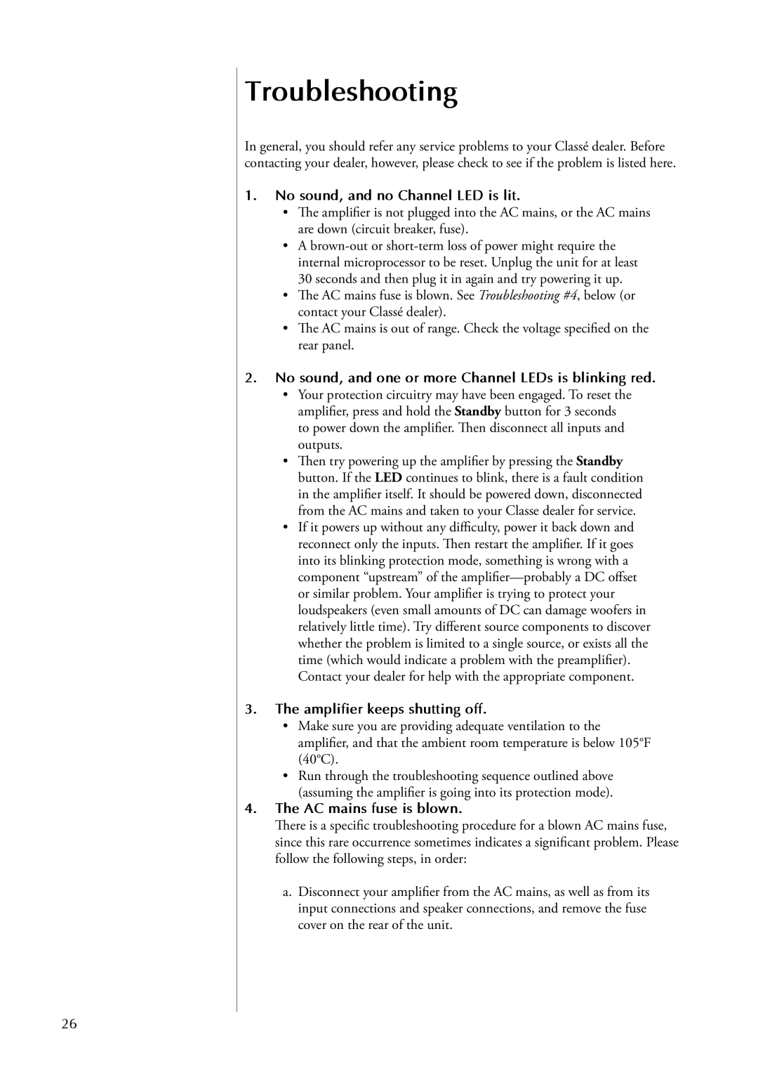 Classe Audio CA-5100 owner manual Troubleshooting, No sound, and no Channel LED is lit, Amplifier keeps shutting off 