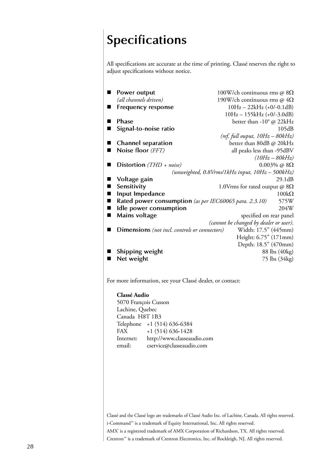 Classe Audio CA-5100 owner manual Specifications 