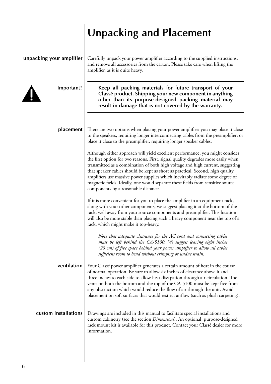 Classe Audio CA-5100 owner manual Unpacking and Placement 