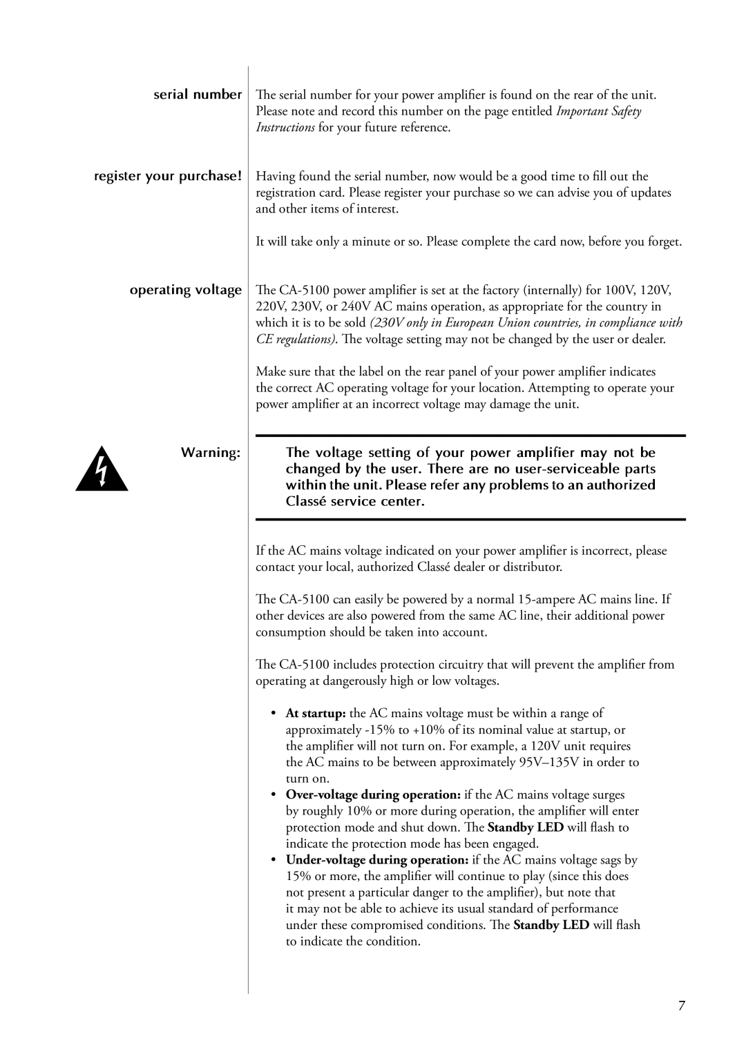 Classe Audio CA-5100 owner manual Serial number Register your purchase Operating voltage 
