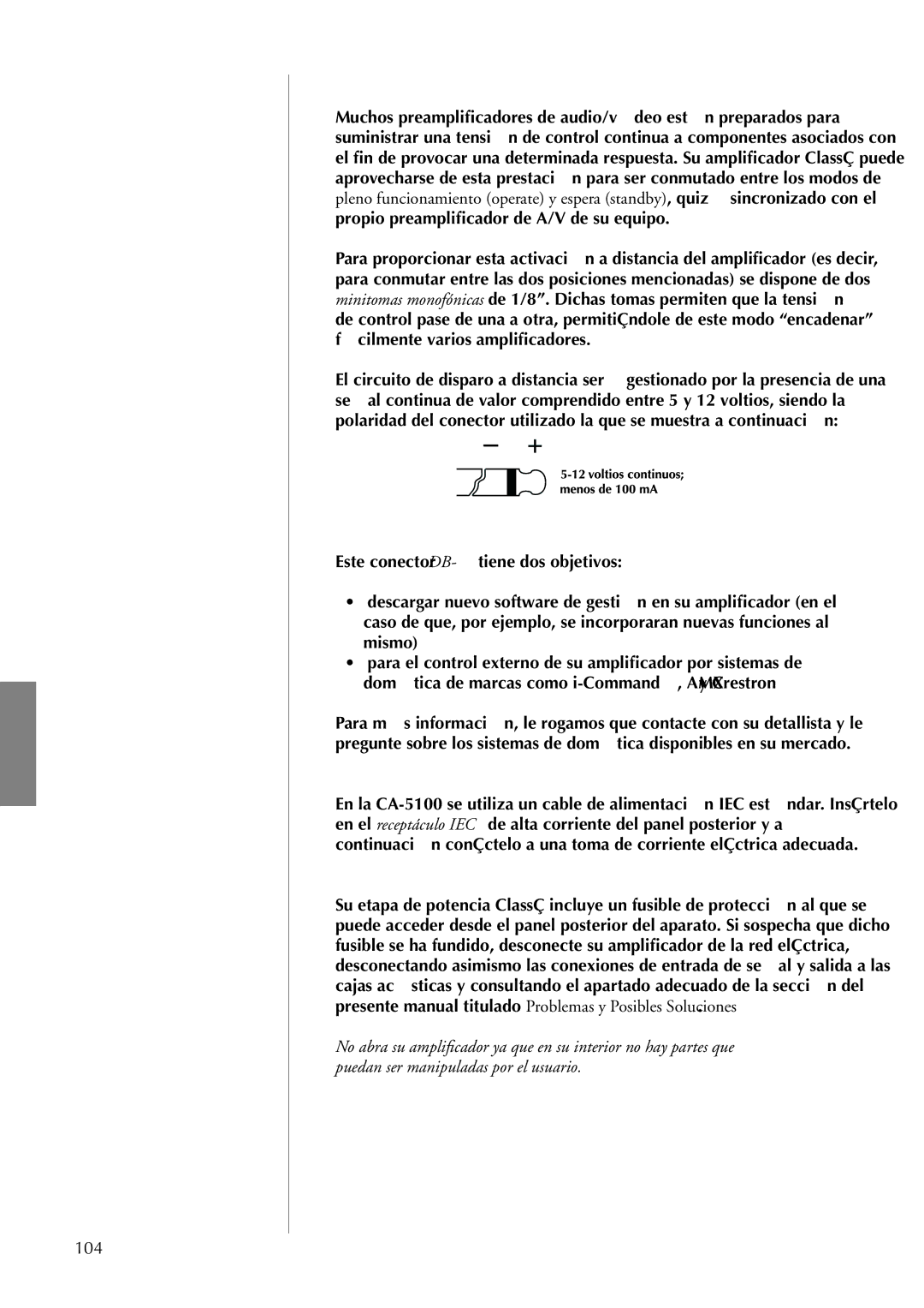 Classe Audio CA-5100 owner manual Puerto de Control RS232, Entrada de Corriente Alterna, Fusible de Protección, 104 