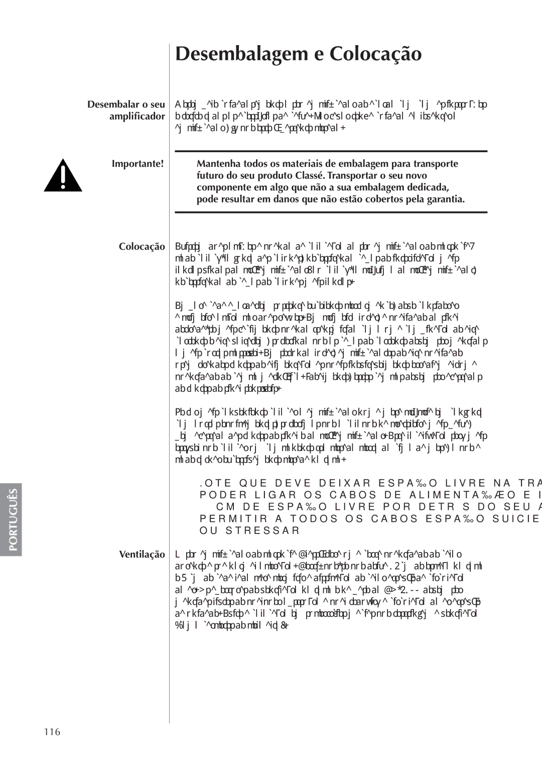 Classe Audio CA-5100 owner manual Desembalagem e Colocação, Importante Colocação Ventilação, 116 