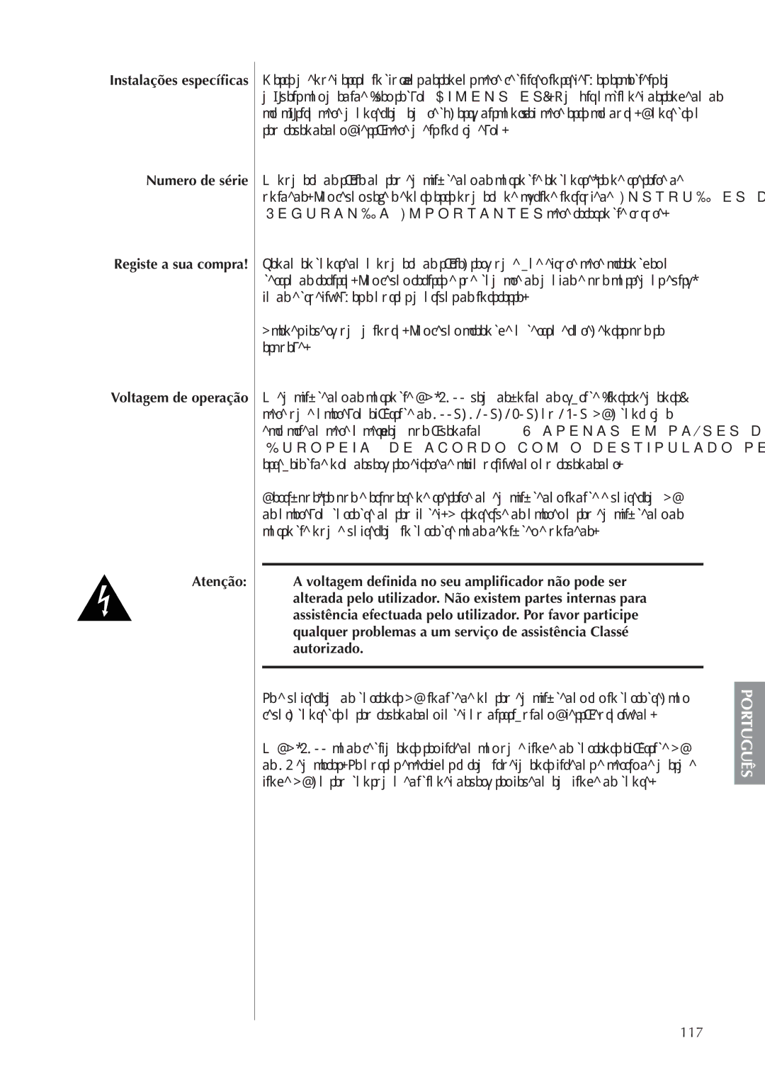 Classe Audio CA-5100 owner manual Numero de série, Voltagem de operação Atenção, 117 