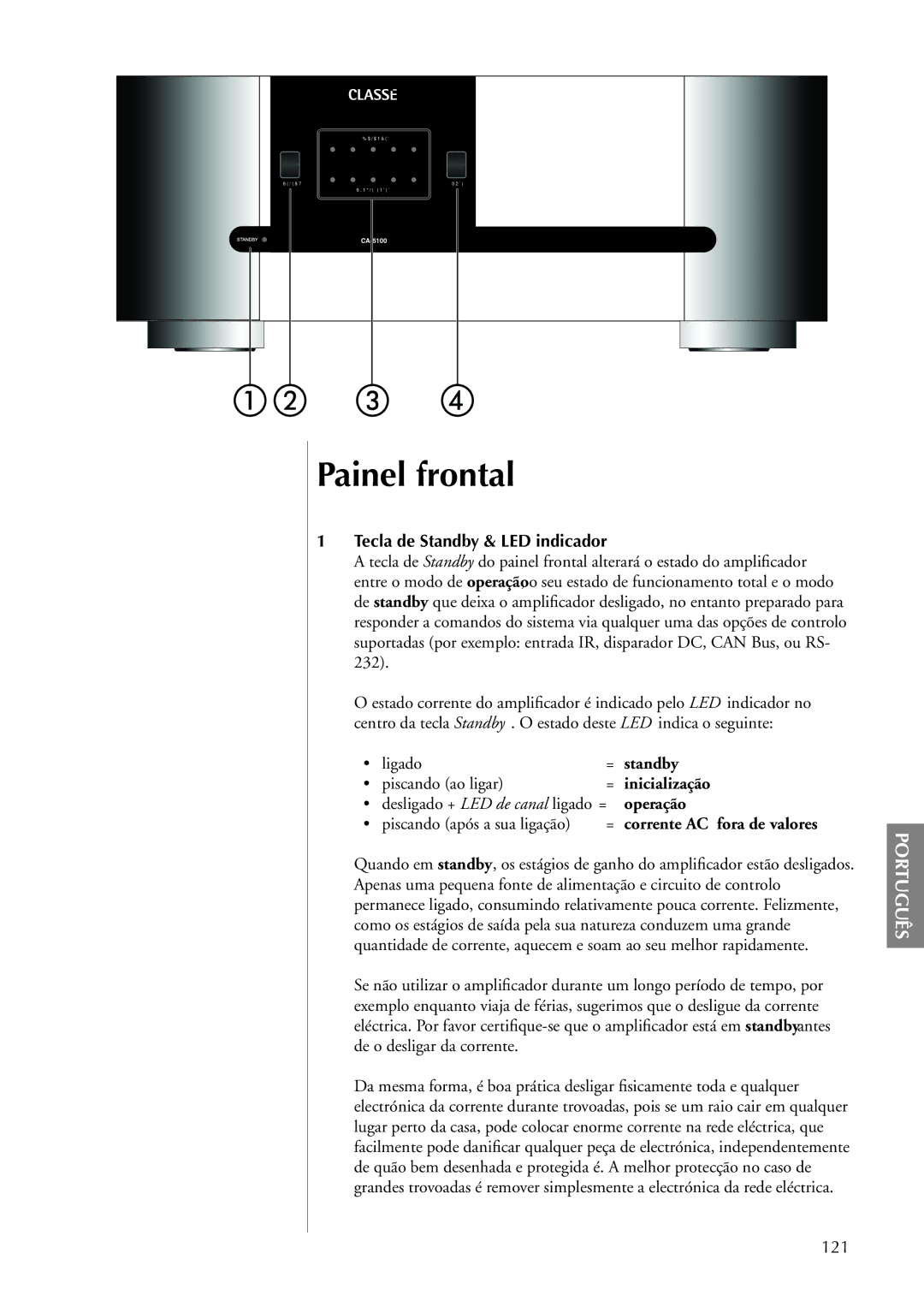 Classe Audio CA-5100 owner manual Painel frontal, Tecla de Standby & LED indicador, Ligado, Piscando ao ligar, 121 