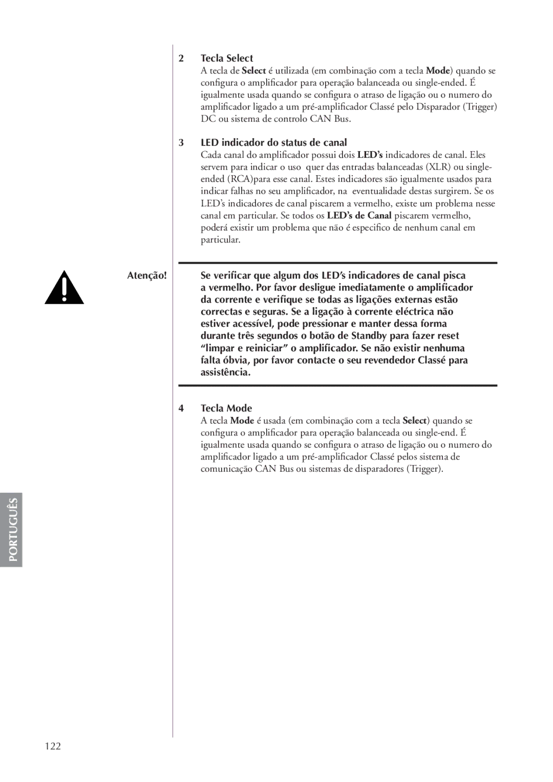 Classe Audio CA-5100 owner manual Tecla Select, LED indicador do status de canal, Tecla Mode, 122 