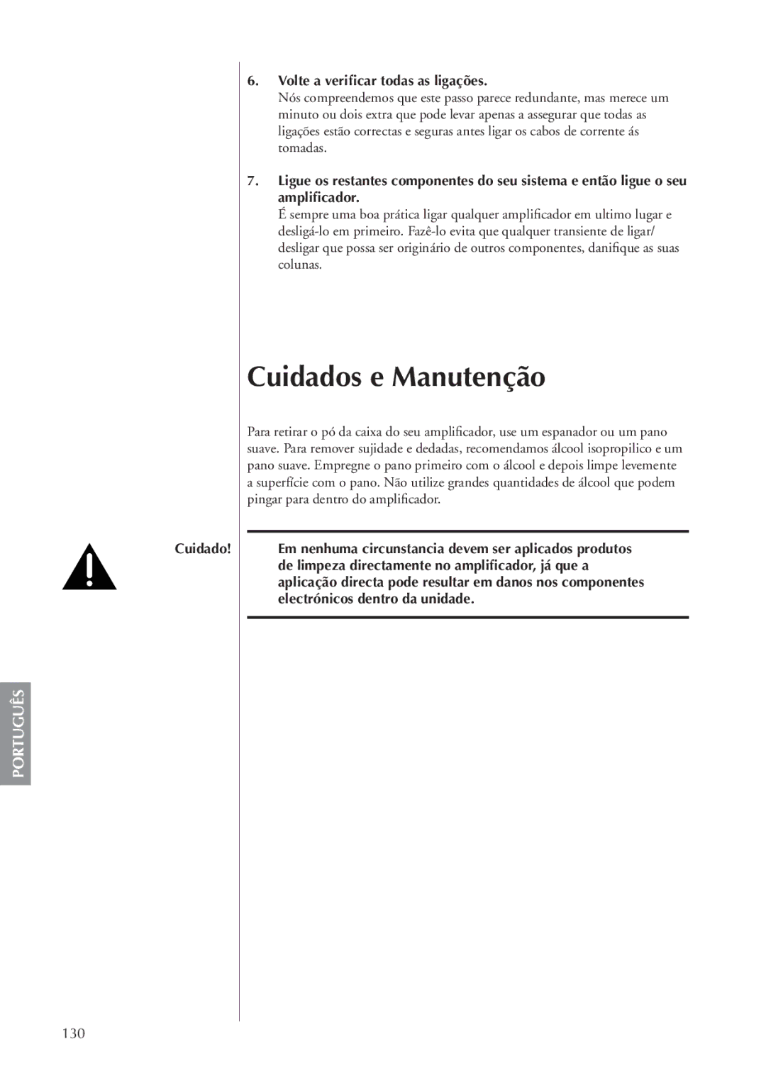 Classe Audio CA-5100 owner manual Cuidados e Manutenção, Volte a veriﬁcar todas as ligações, 130 