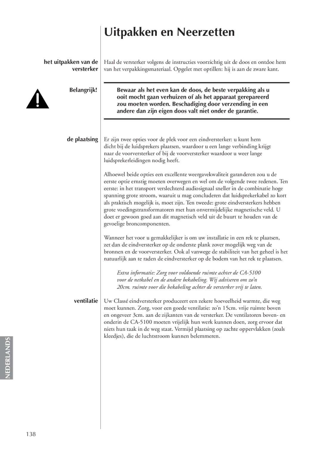 Classe Audio CA-5100 owner manual Uitpakken en Neerzetten, Belangrijk De plaatsing Ventilatie, 138 