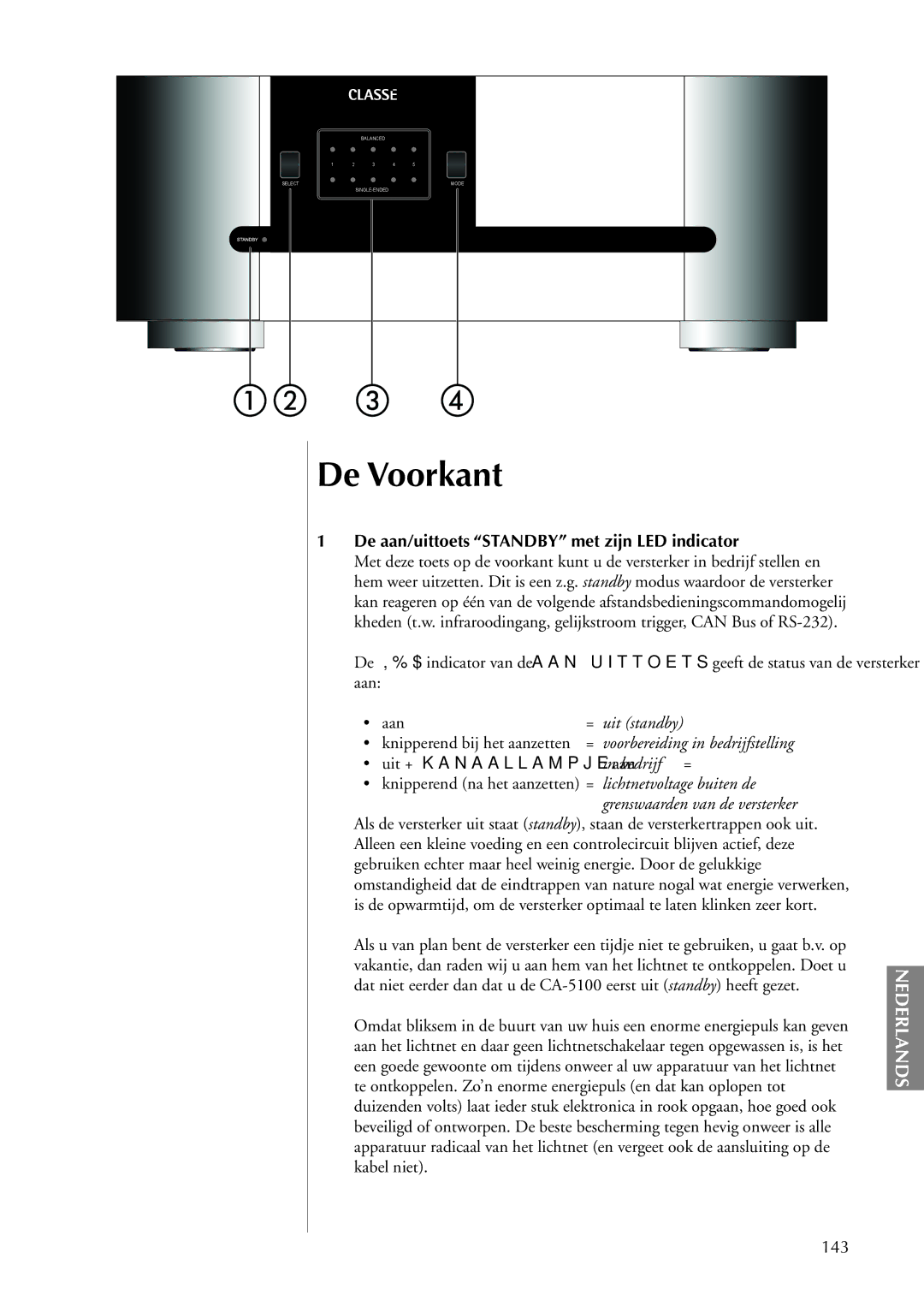 Classe Audio CA-5100 owner manual De Voorkant, De aan/uittoets Standby met zijn LED indicator, Uit + kanaallampje aan, 143 