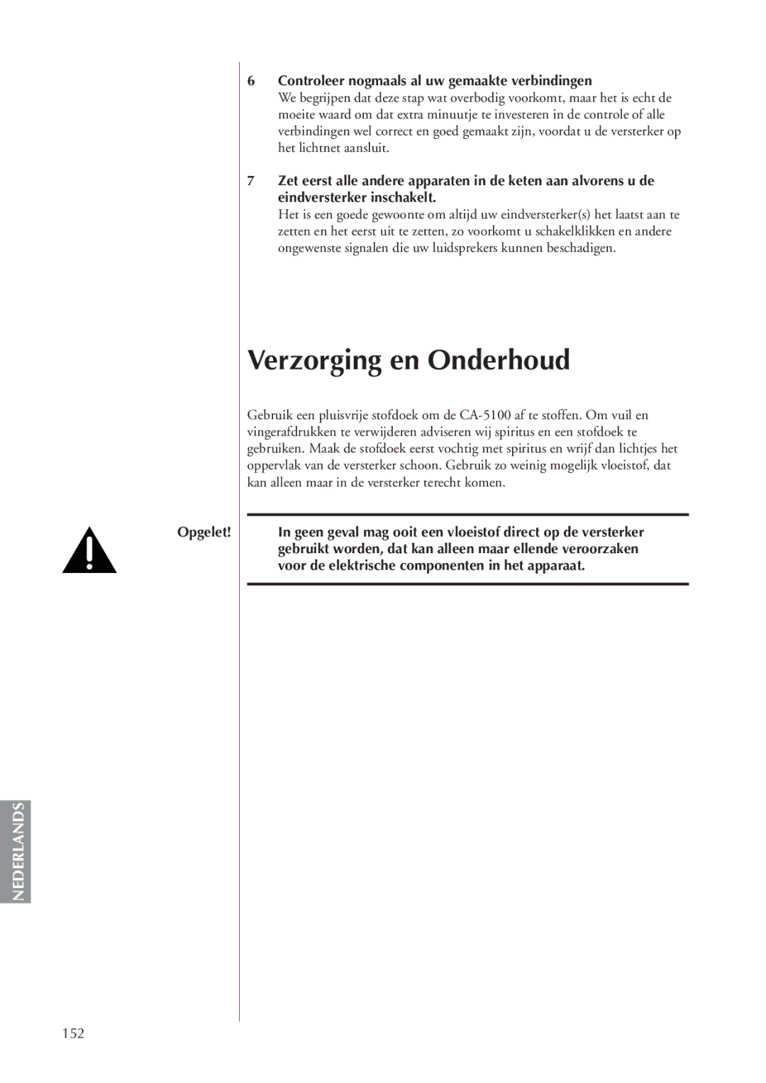 Classe Audio CA-5100 owner manual Verzorging en Onderhoud, Controleer nogmaals al uw gemaakte verbindingen, 152 