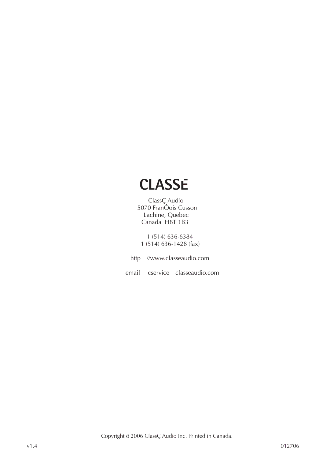 Classe Audio CA-5100 owner manual V1.4 012706 