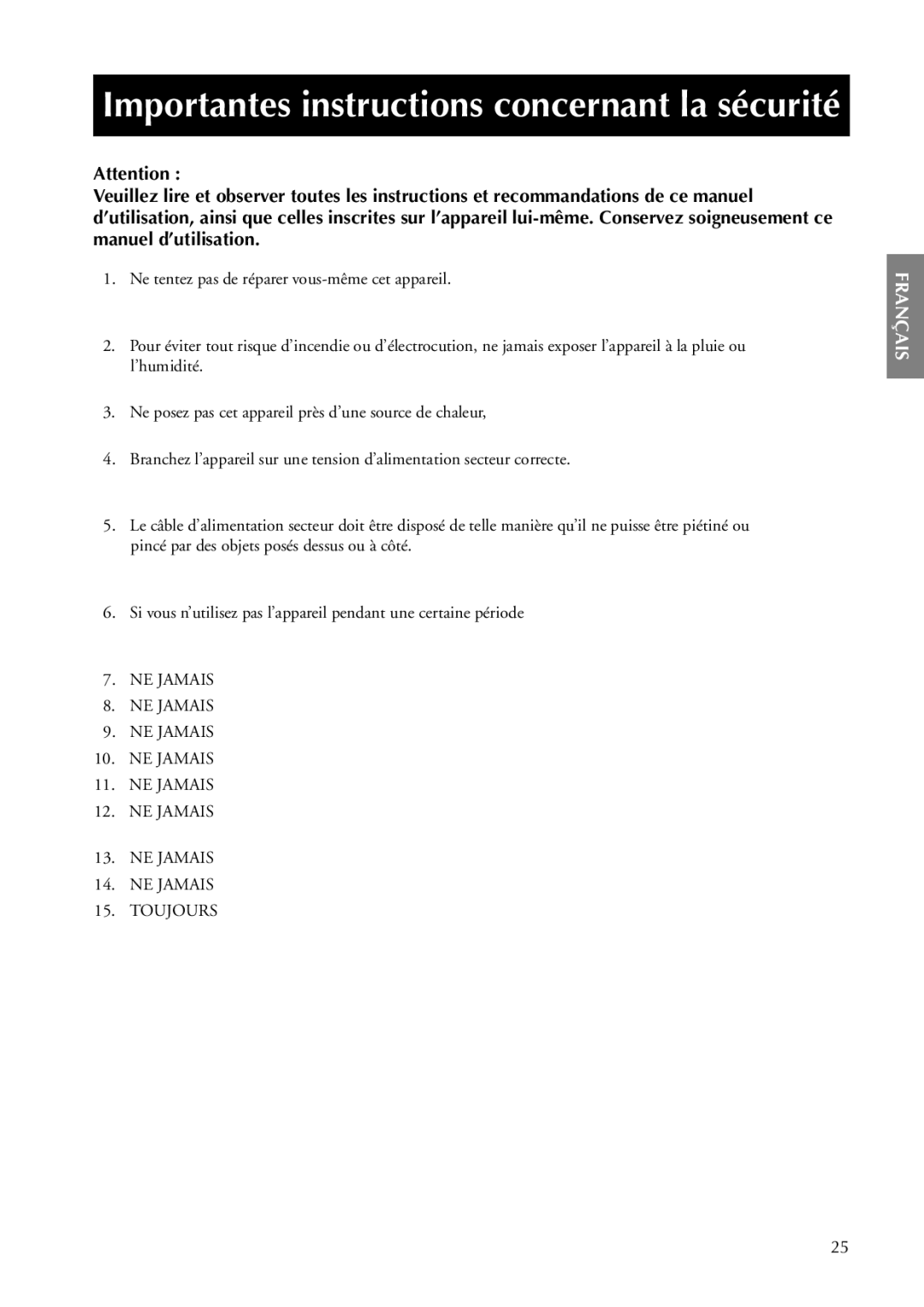 Classe Audio CA-5100 owner manual Importantes instructions concernant la sécurité 