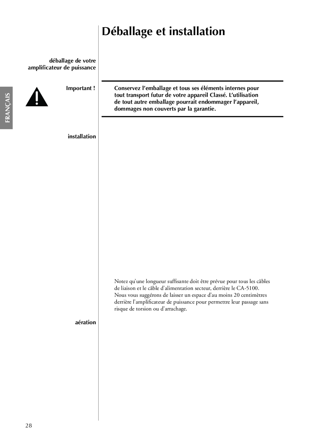 Classe Audio CA-5100 owner manual Déballage et installation, Installation Aération 