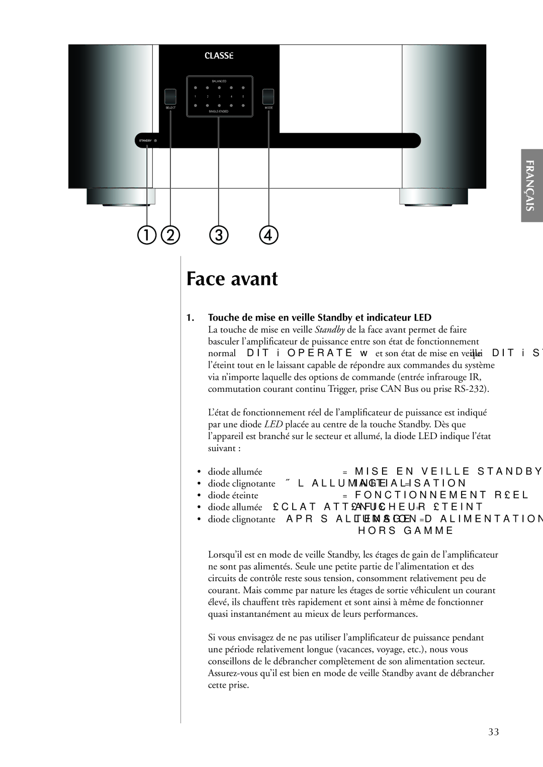 Classe Audio CA-5100 owner manual Face avant, Touche de mise en veille Standby et indicateur LED, Diode éteinte 