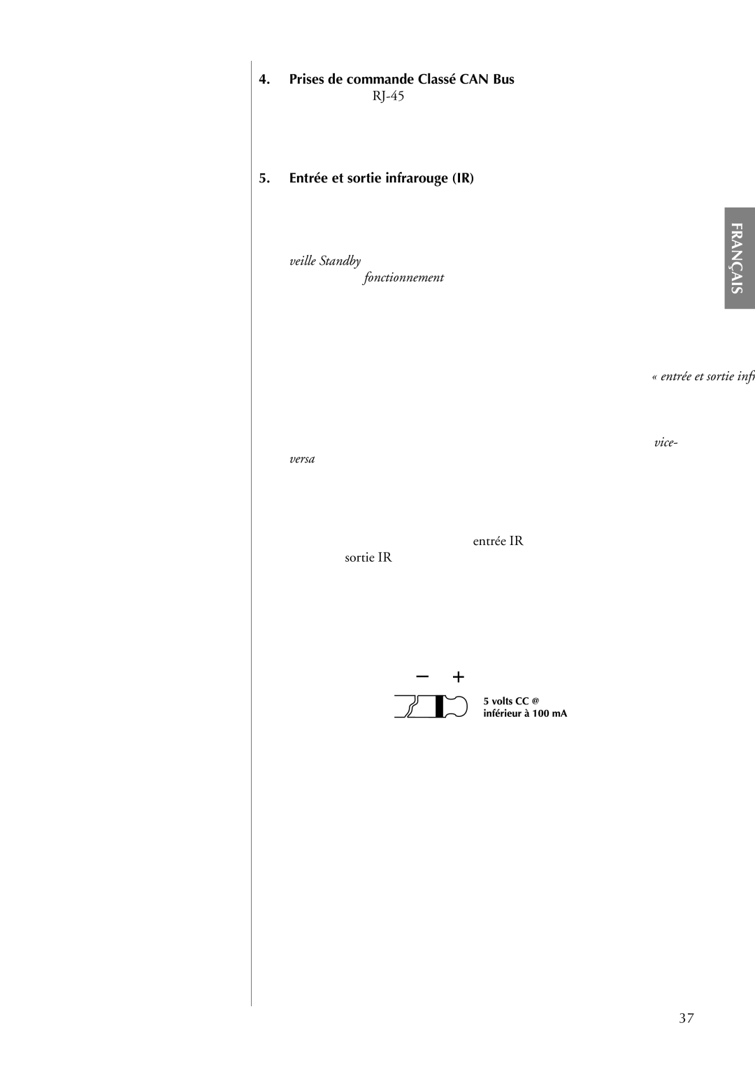 Classe Audio CA-5100 owner manual Prises de commande Classé can Bus, Entrée et sortie infrarouge IR 