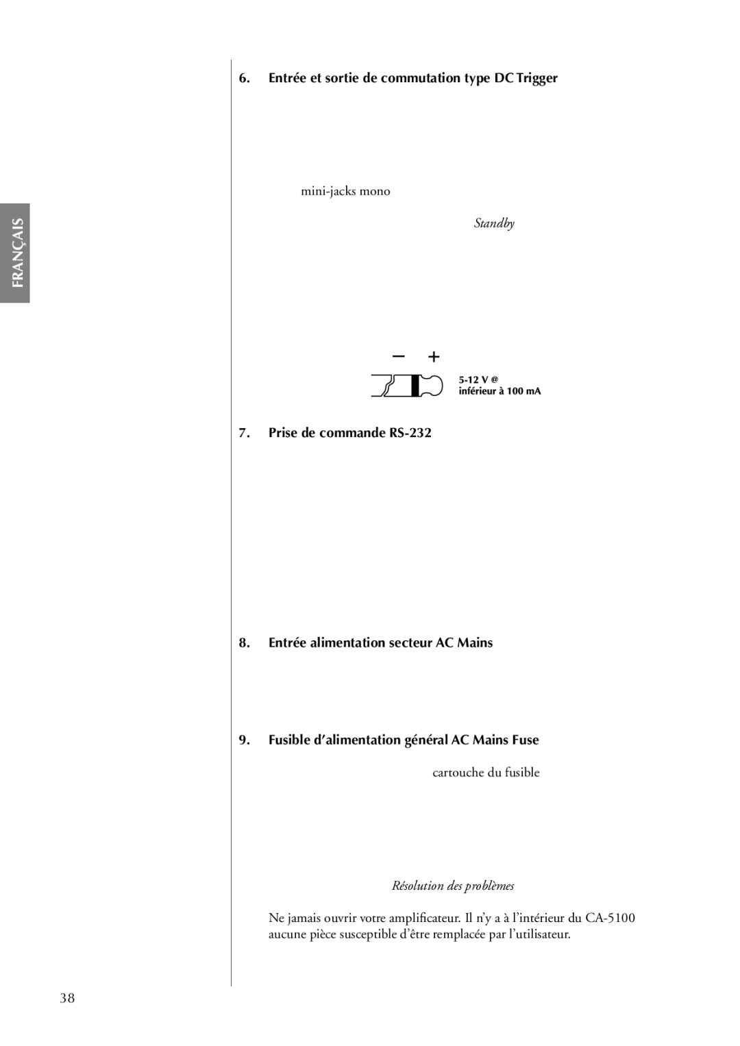 Classe Audio CA-5100 owner manual Entrée et sortie de commutation type DC Trigger, Prise de commande RS-232 