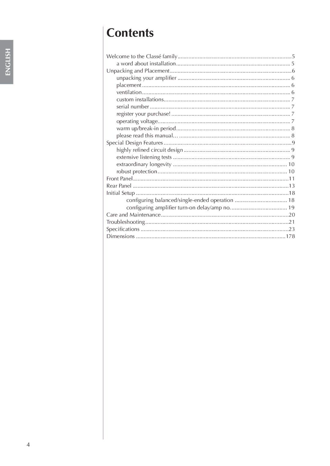 Classe Audio CA-5100 owner manual Contents 